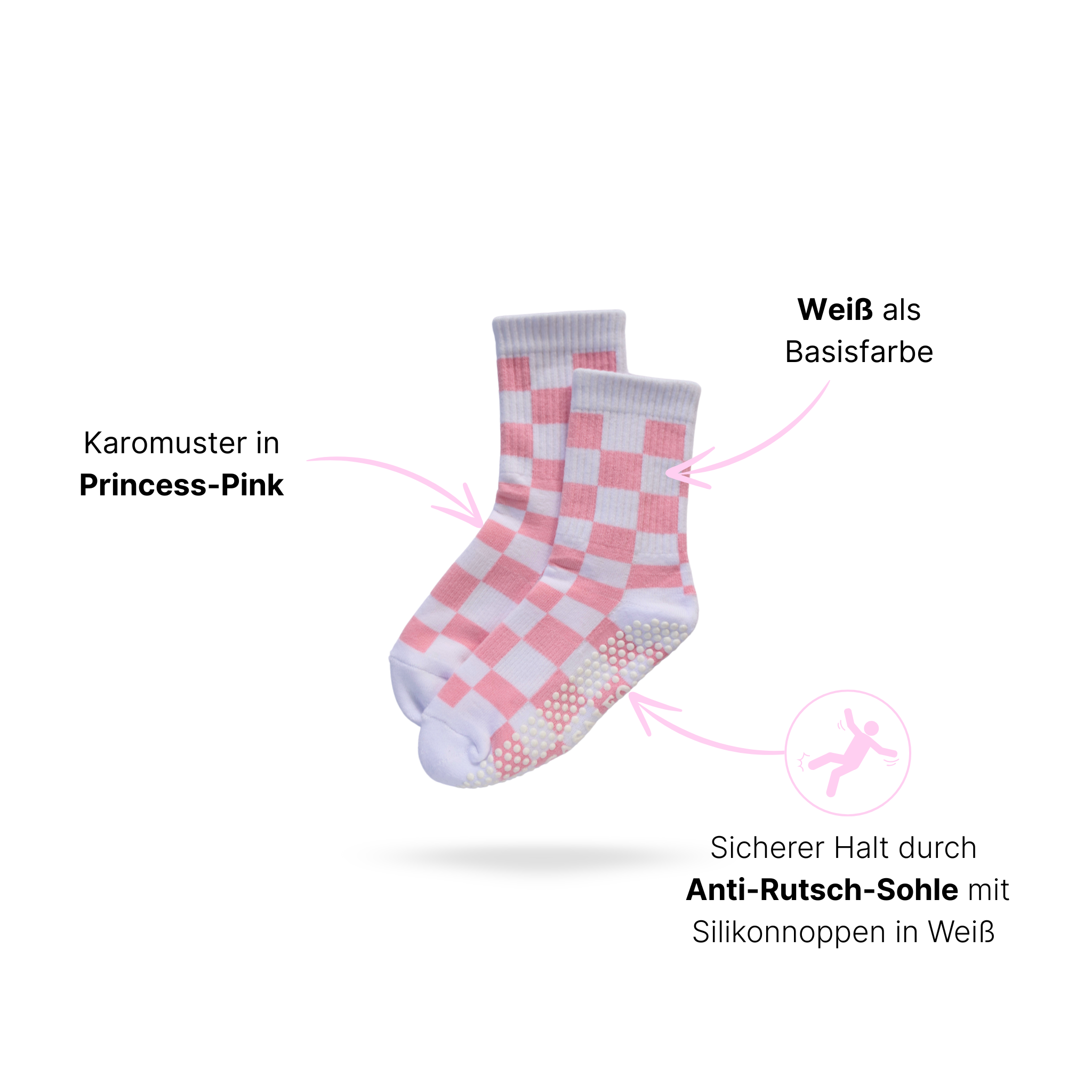 Pilates Socken in Weiß und Pink, Modell PINK KARO