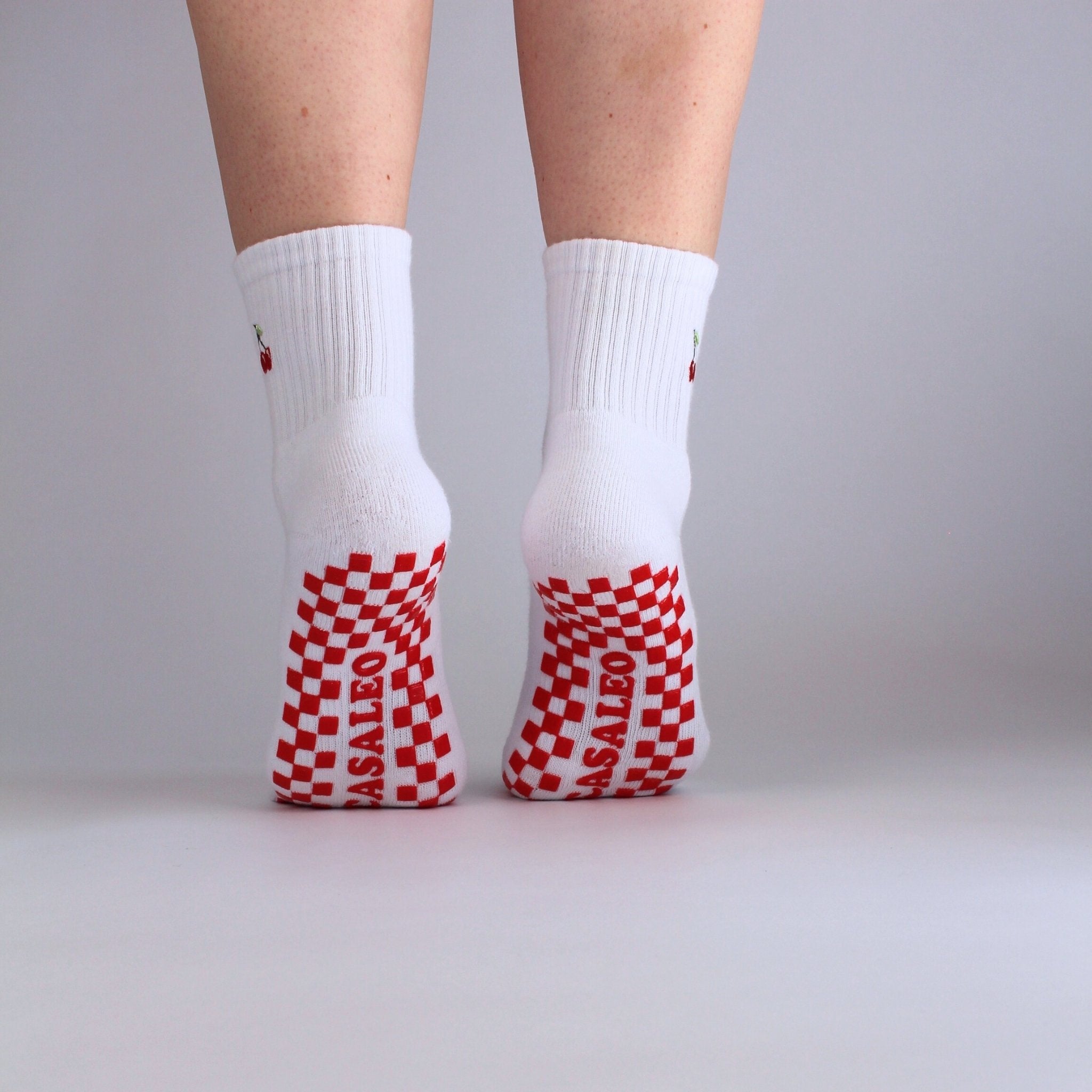 CASALEO Grip Socken mit roter Grip Sohle und Kirsch Icon, ideal für Pilates, Yoga und Barre von hinten
