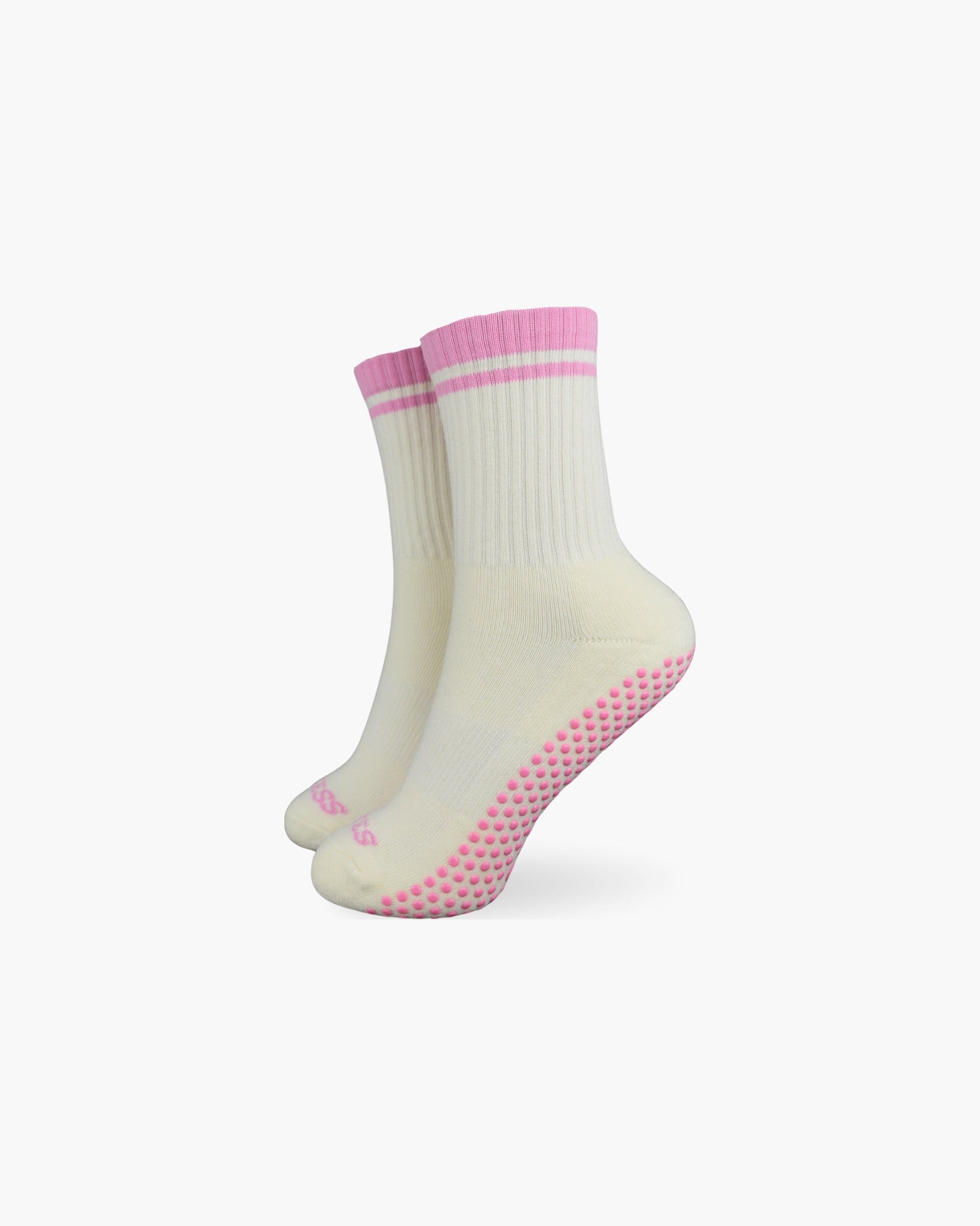CASALEO Grip Socken in Oatmilk Weiß mit PILATES PRINCESS Schrift in Pink, optimal für Pilates, Yoga und Barre