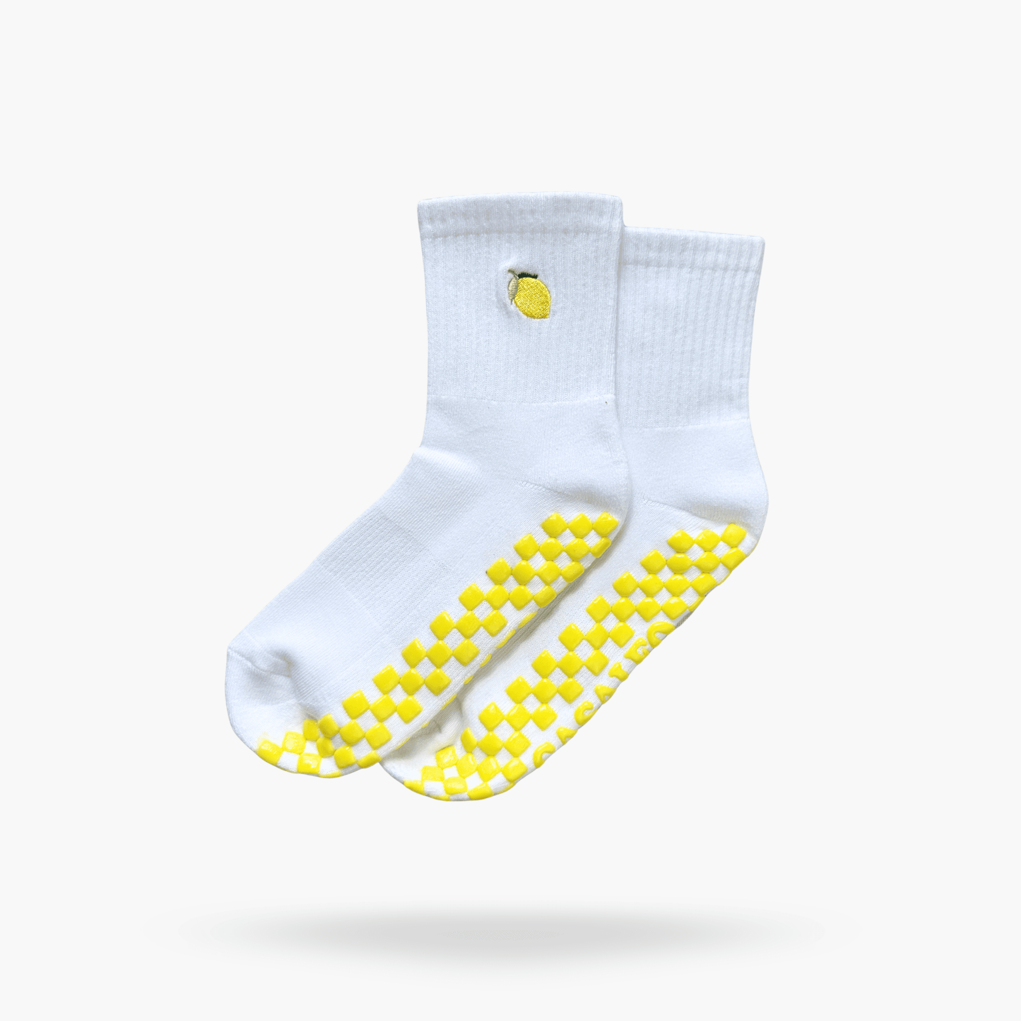 CASALEO Grip Socken in Weiß mit Zitronen Icon und gelber Grip Sohle, optimal für Pilates, Yoga und Barre