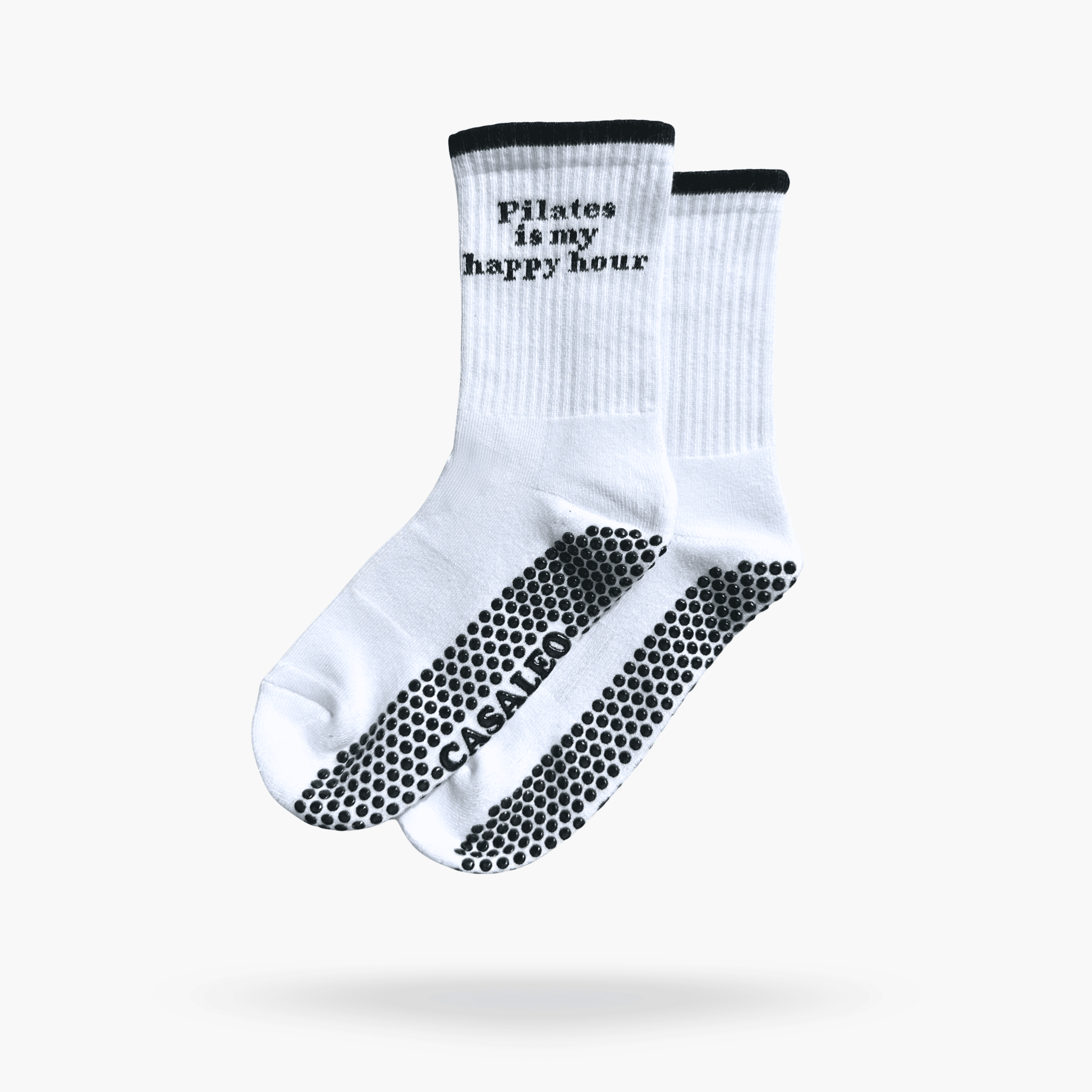CASALEO Grip Socken mit "Pilates is my happy hour" Schrift, optimal für Pilates, Yoga und Barre