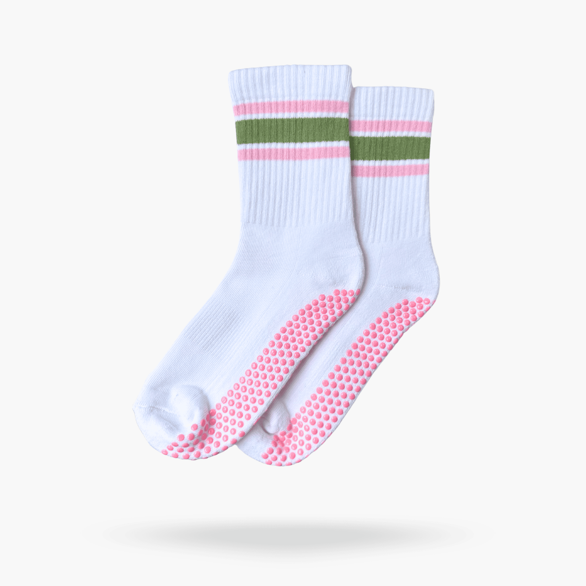 CASALEO Grip Socken in Weiß mit grünem und pinken Streifen, optimal für Pilates, Yoga und Barre