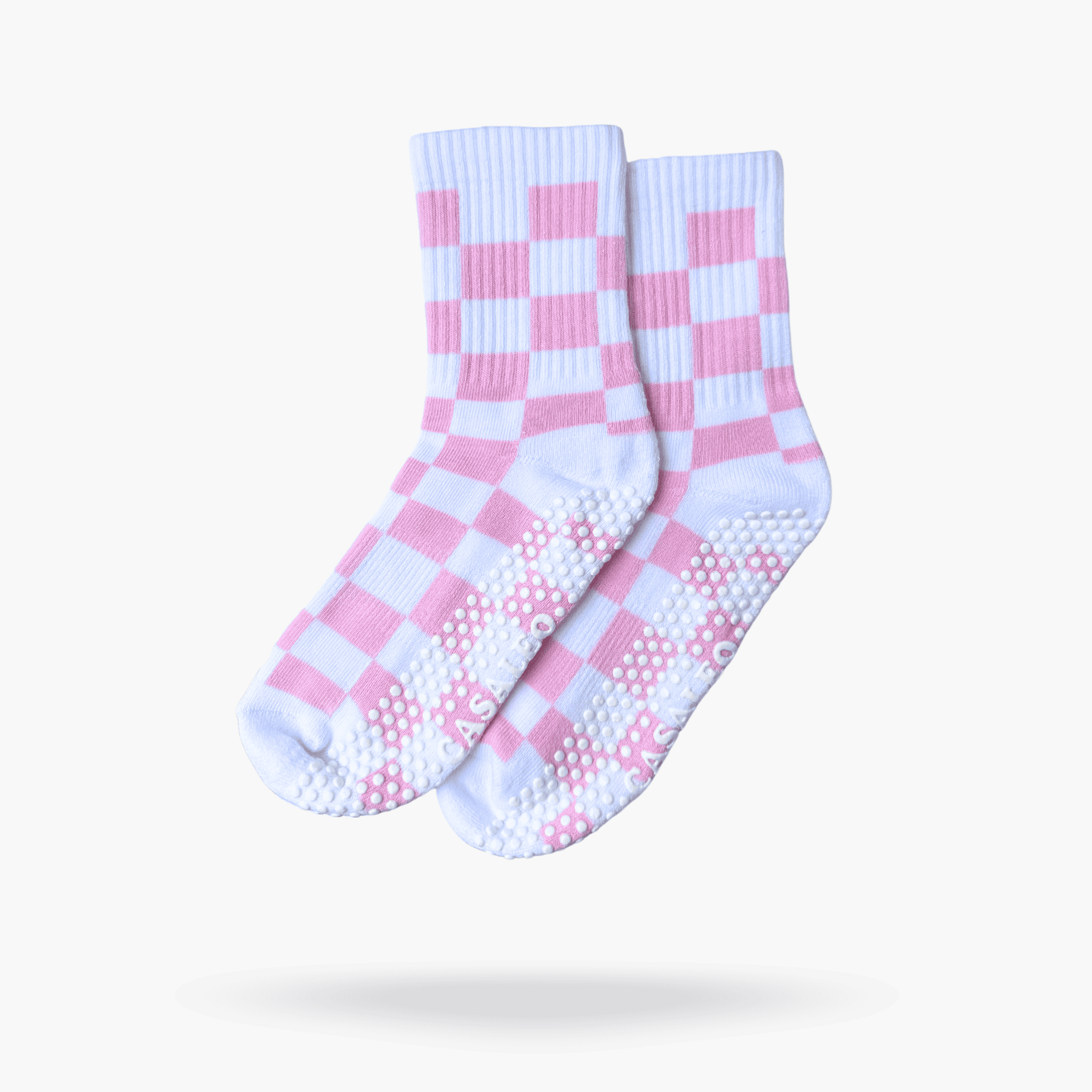 CASALEO Grip Socken in Weiß mit pinkem Karo Muster, optimal für Pilates, Yoga und Barre