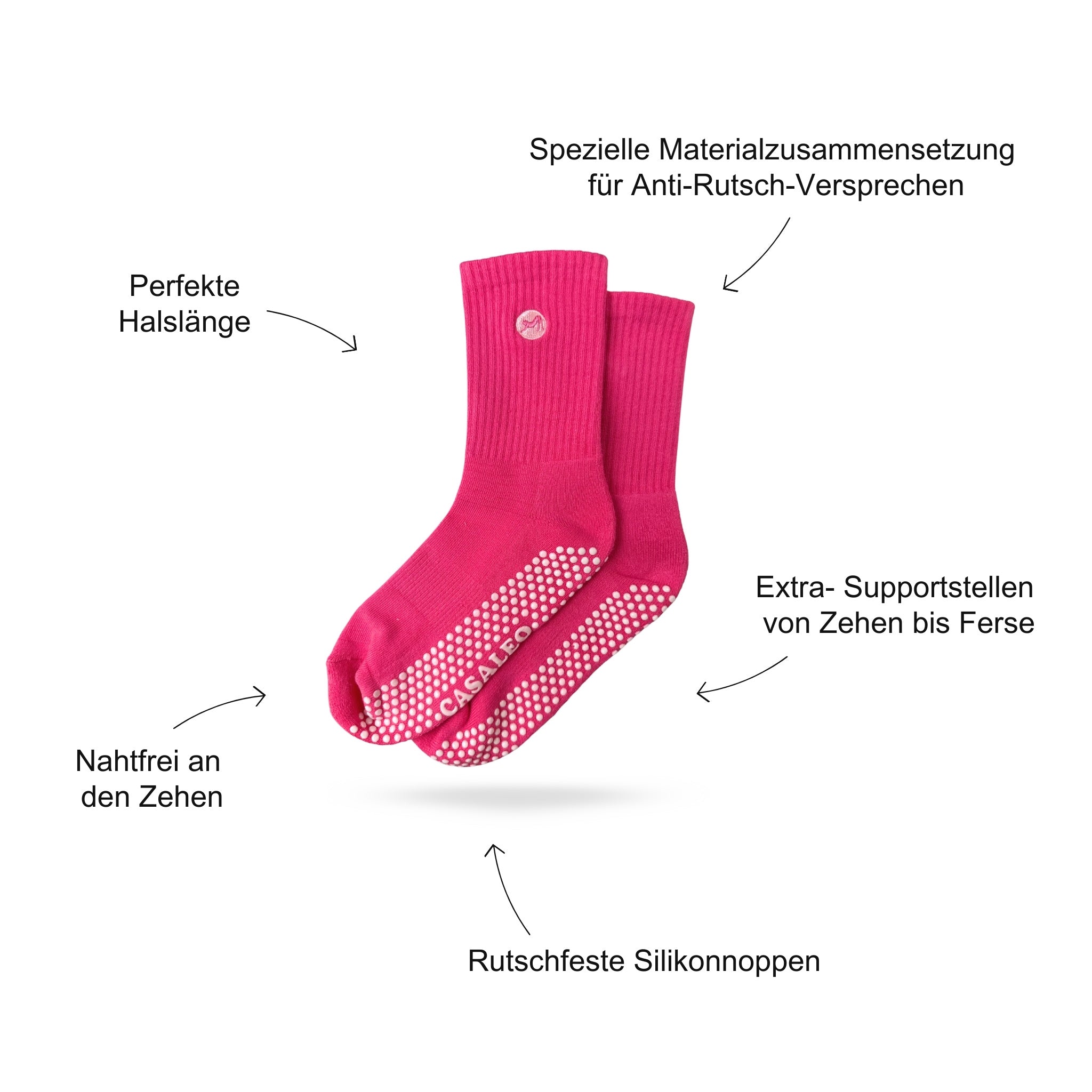 Pilates Socken Produktbild, das Vorteile beschreibt