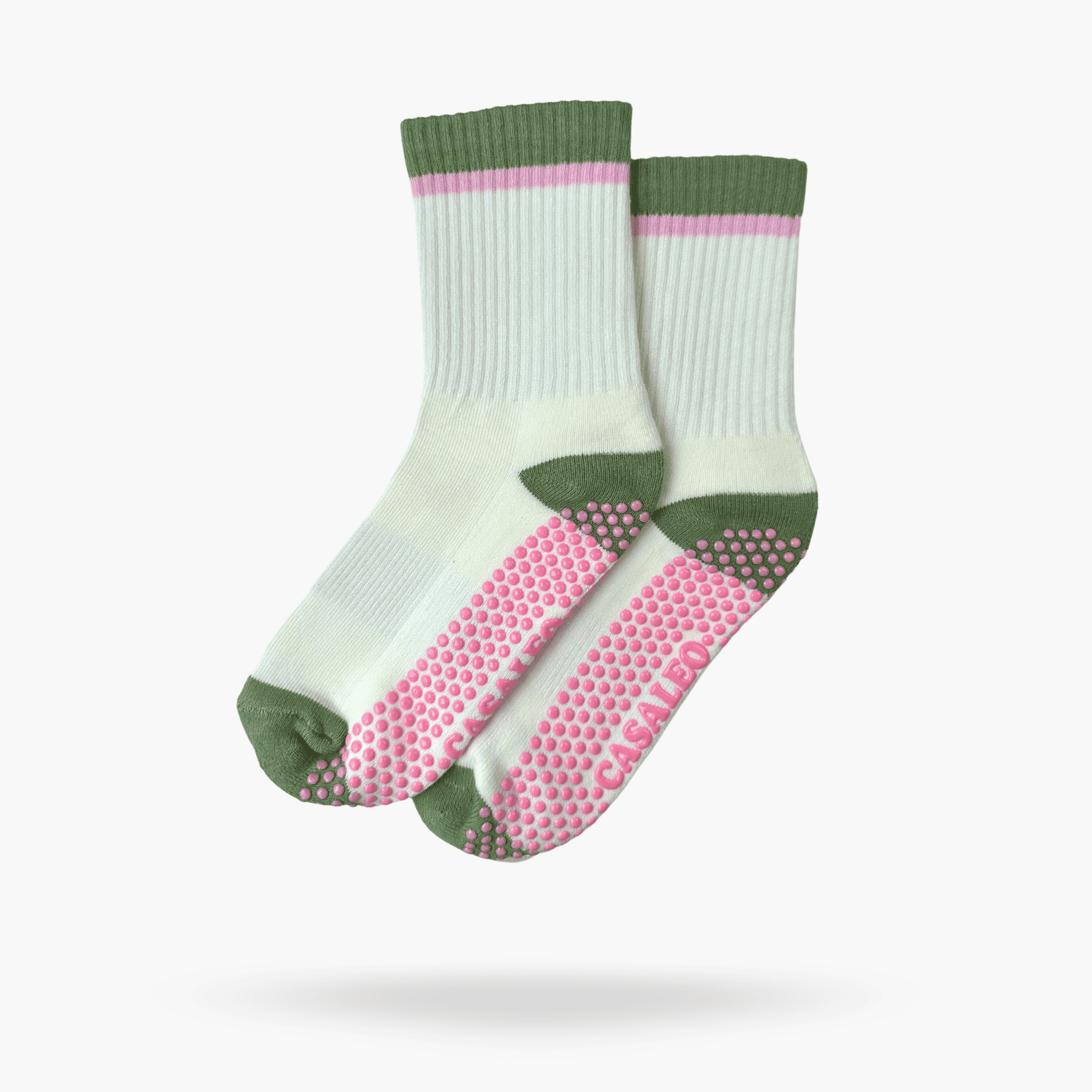 CASALEO Grip Socken in Oatmilk Weiß mit Streifen in Grün und Pink, optimal für Pilates, Yoga und Barre