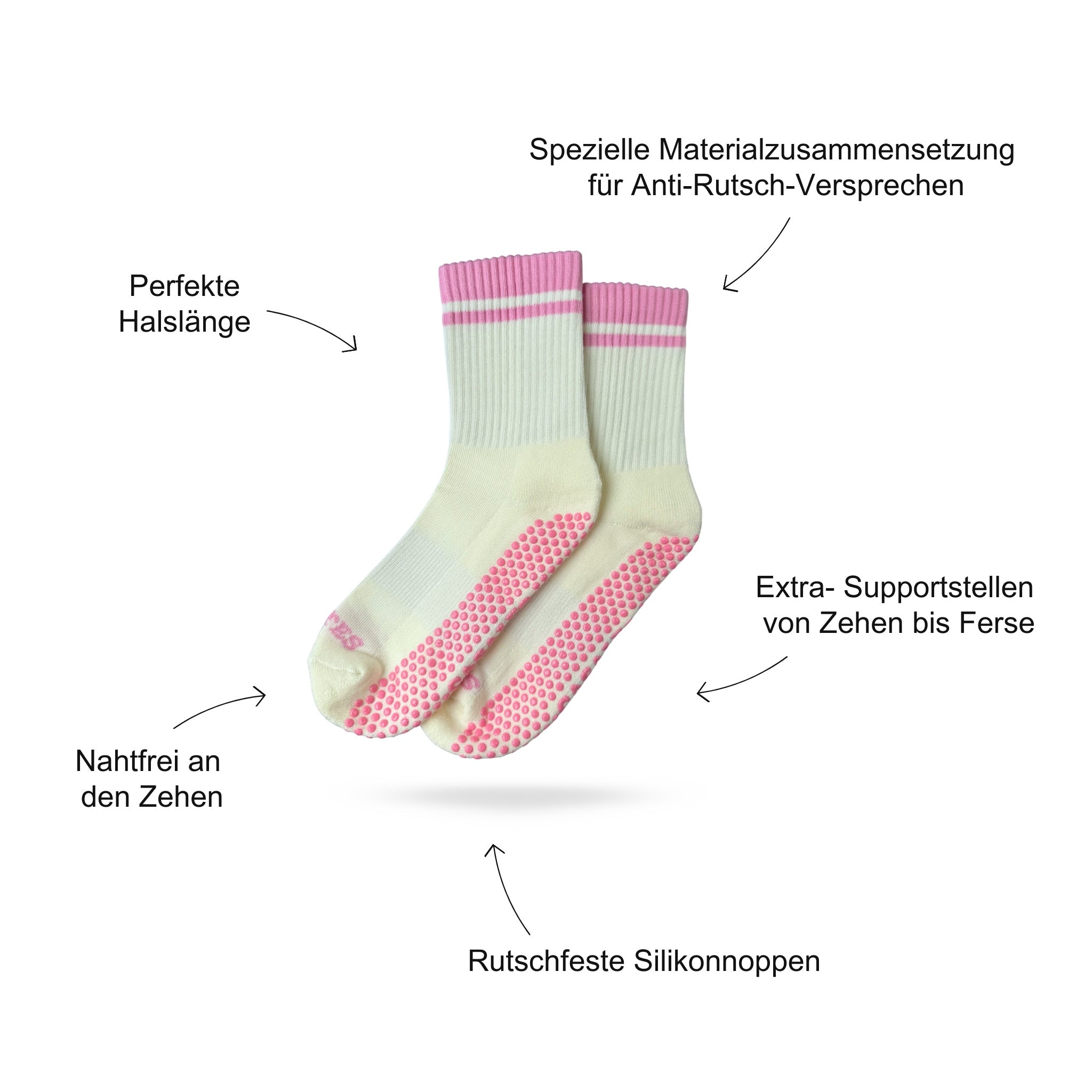 Pilates Socken Produktbild, das Vorteile beschreibt