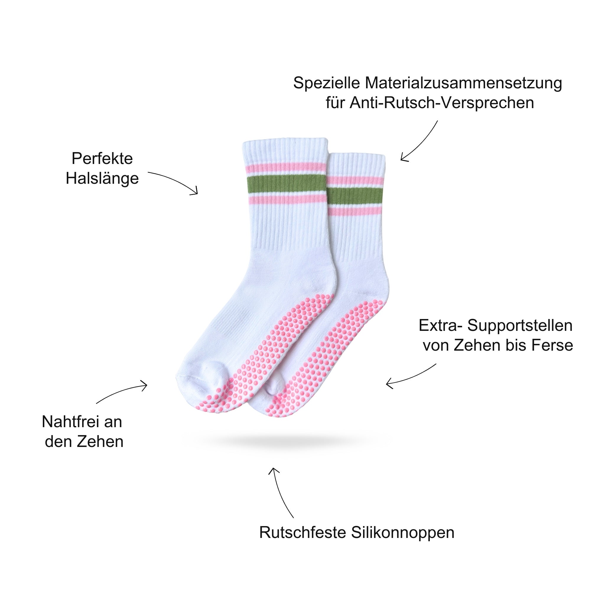Pilates Socken Produktbild, das Vorteile beschreibt