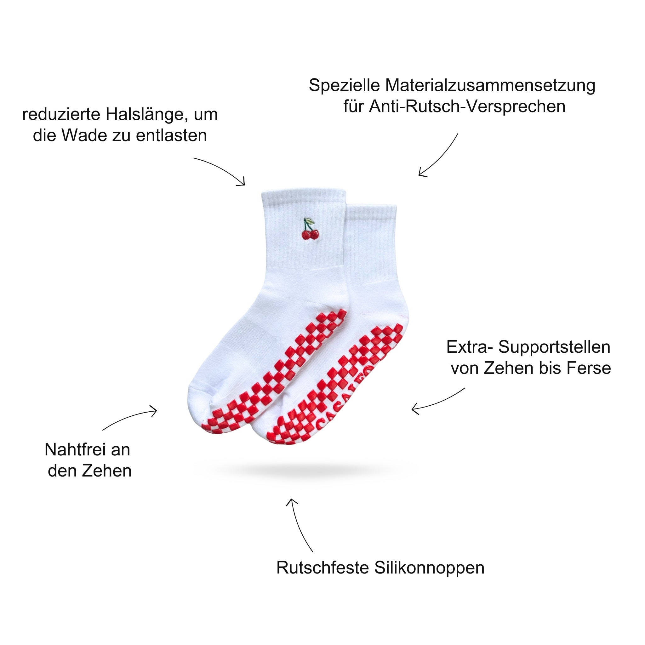 Pilates Socken Produktbild, das Vorteile beschreibt