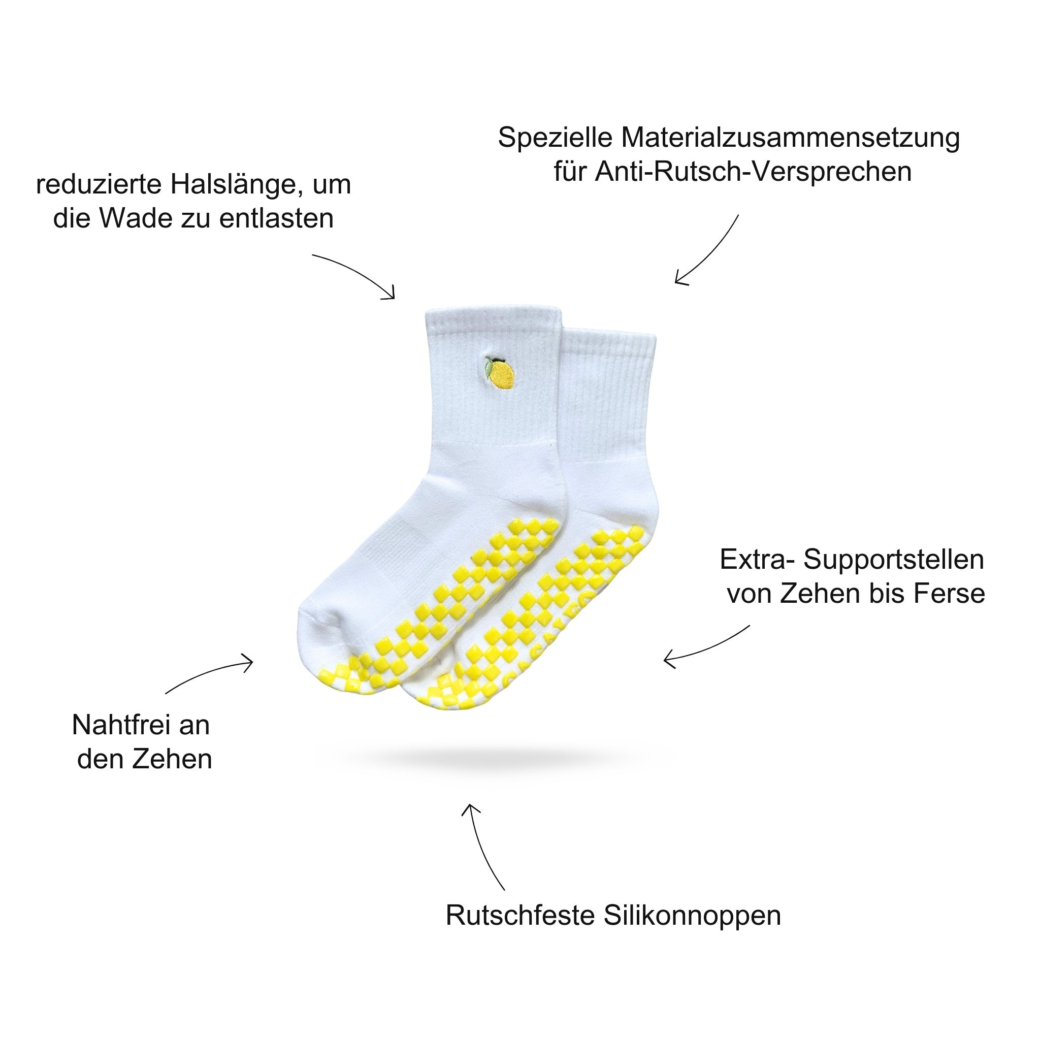 Pilates Socken Produktbild, das Vorteile beschreibt