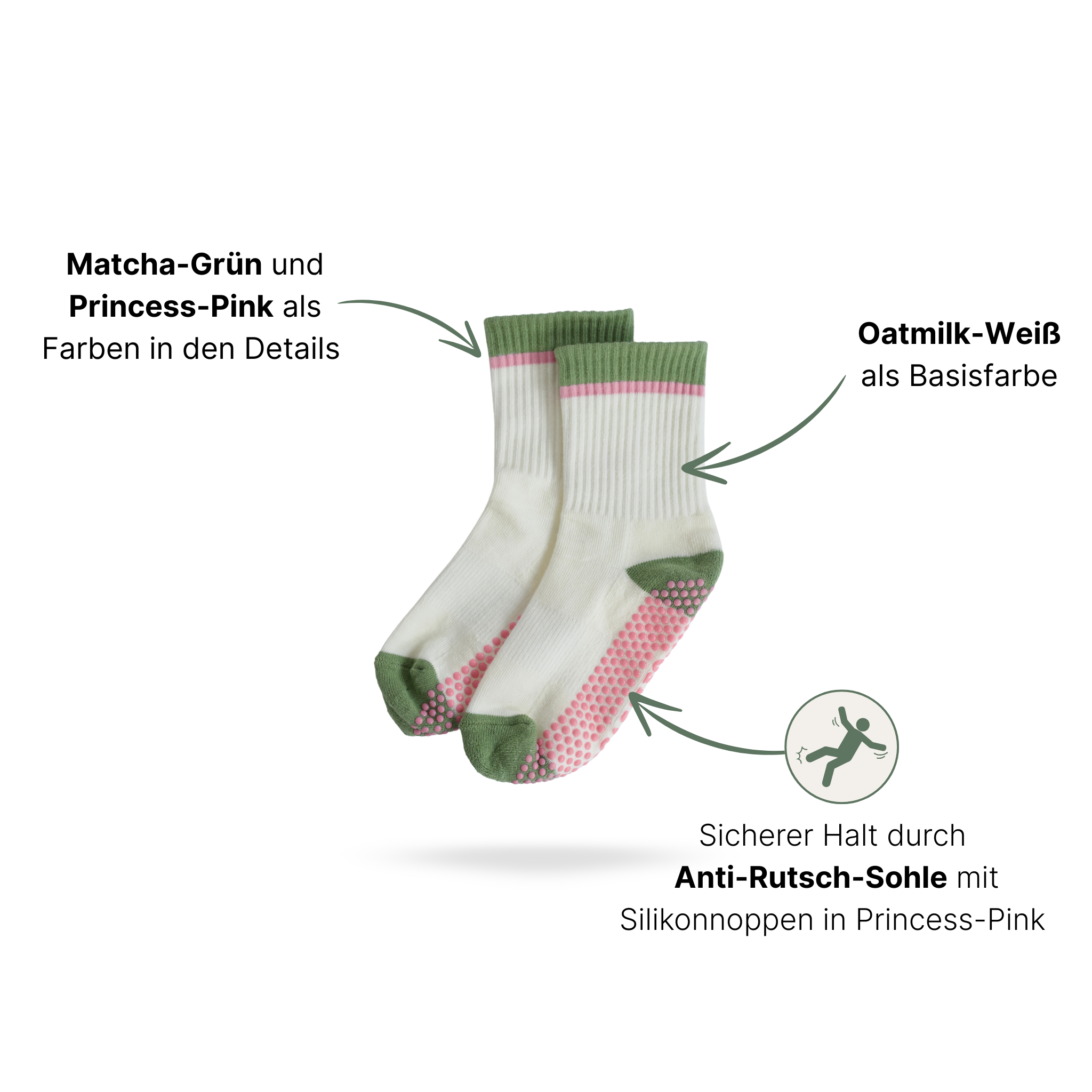 Pilates Socken in Weiß, Grün und Pink, Modell TRICOLOR