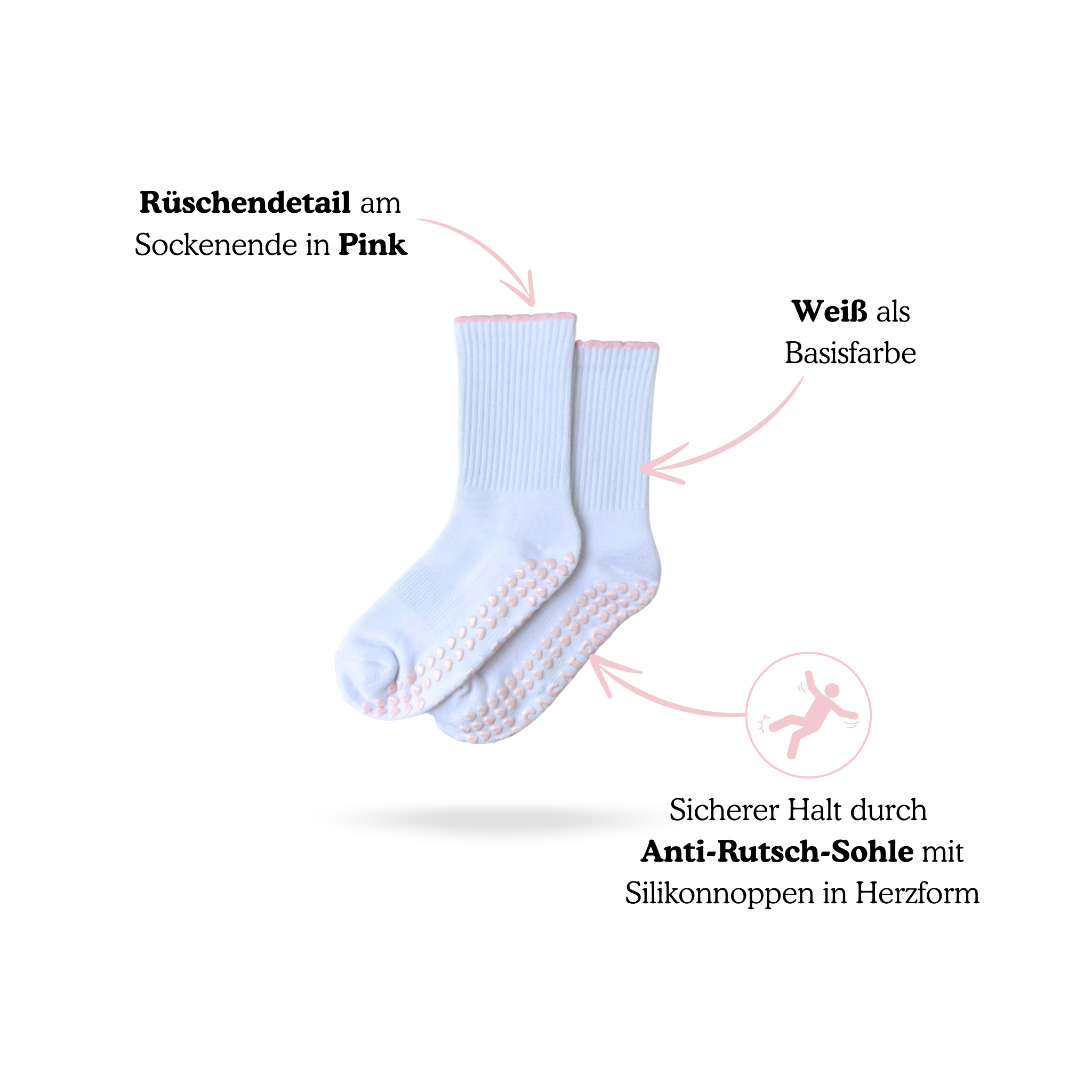 Vorteile der CASALEO Grip Socken in Weiß mit Rüschen Detail in Pink erklärt