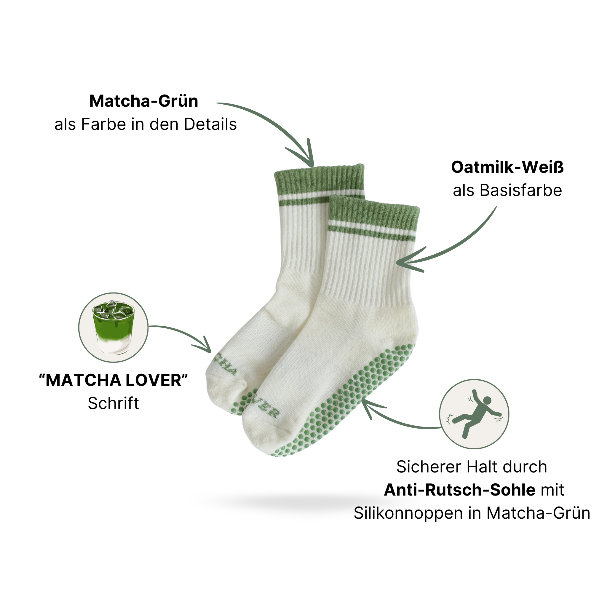 Pilates Socken in Weiß und Grün, Modell MATCHA LOVER