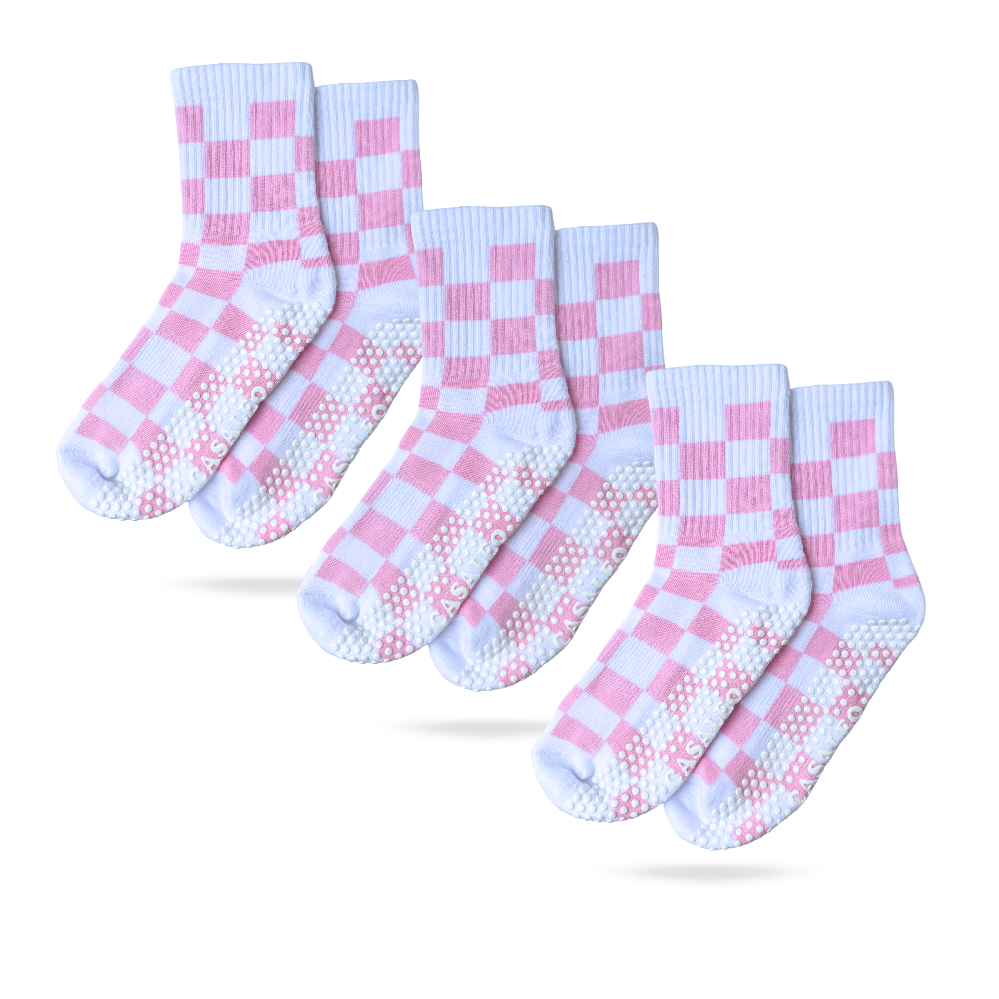 3er Bundle der CASALEO Grip Socken in Weiß mit pinkem Karo Muster