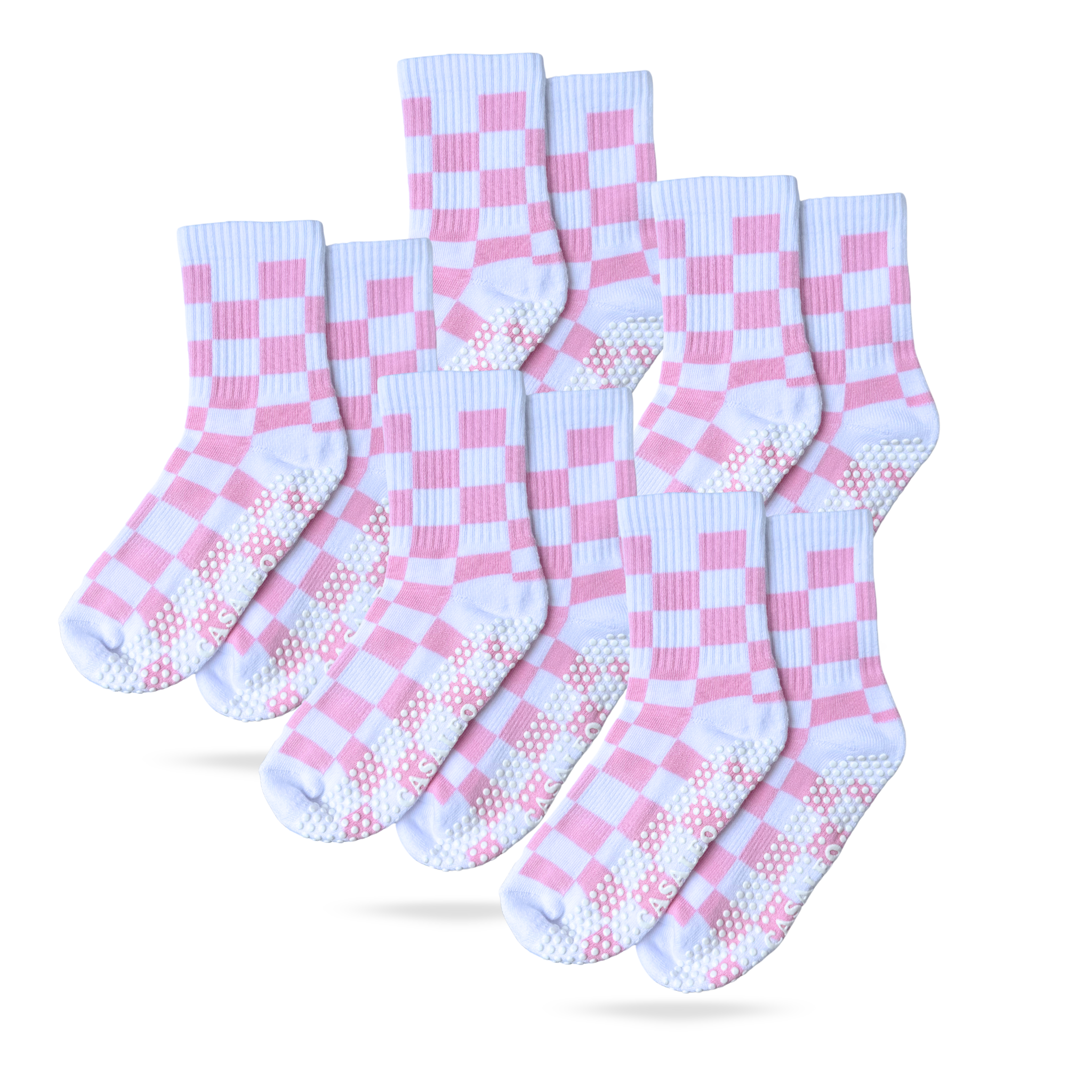 5er Bundle der CASALEO Grip Socken in Weiß mit pinkem Karo Muster
