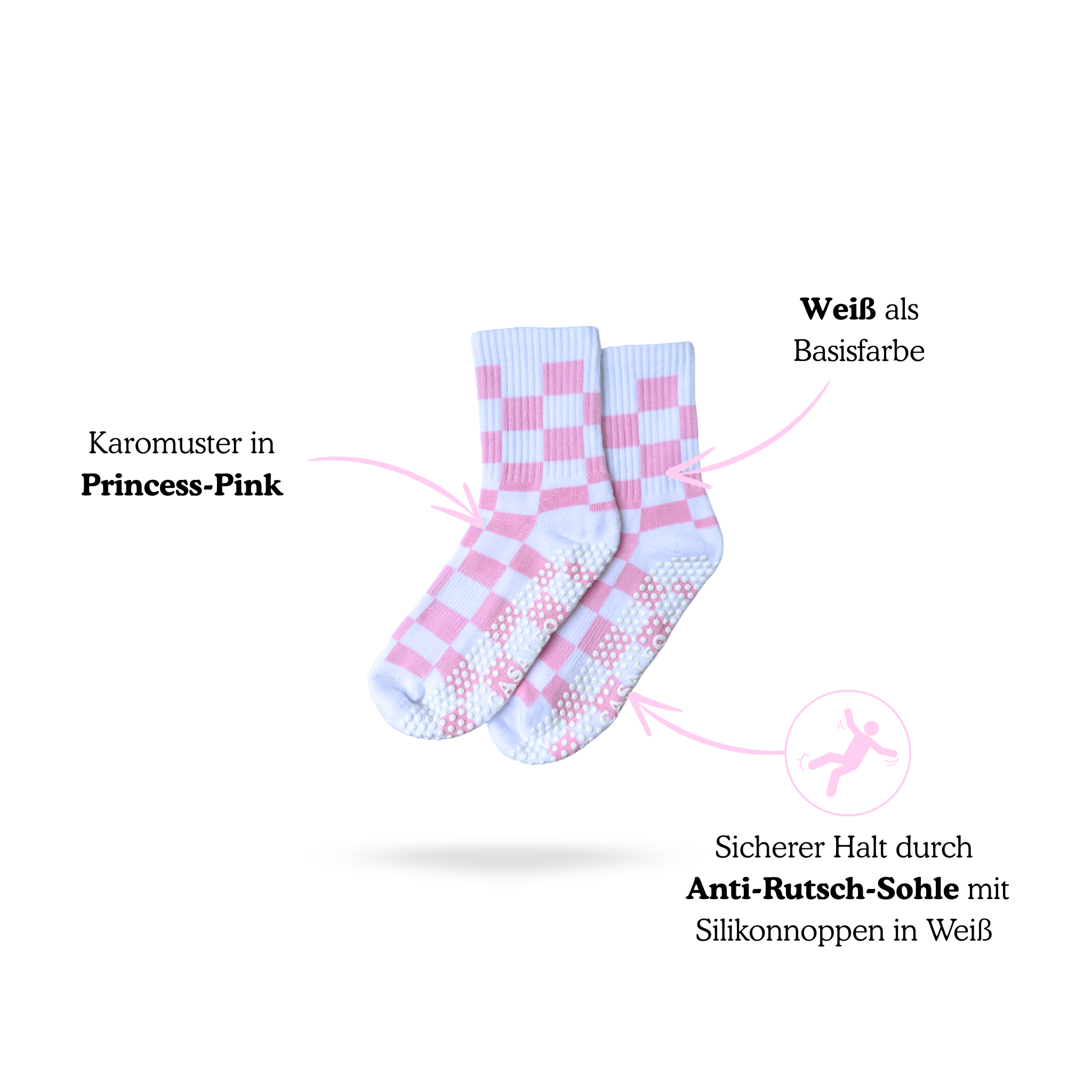 Vorteile der CASALEO Grip Socken in Weiß mit pinkem Karo Muster