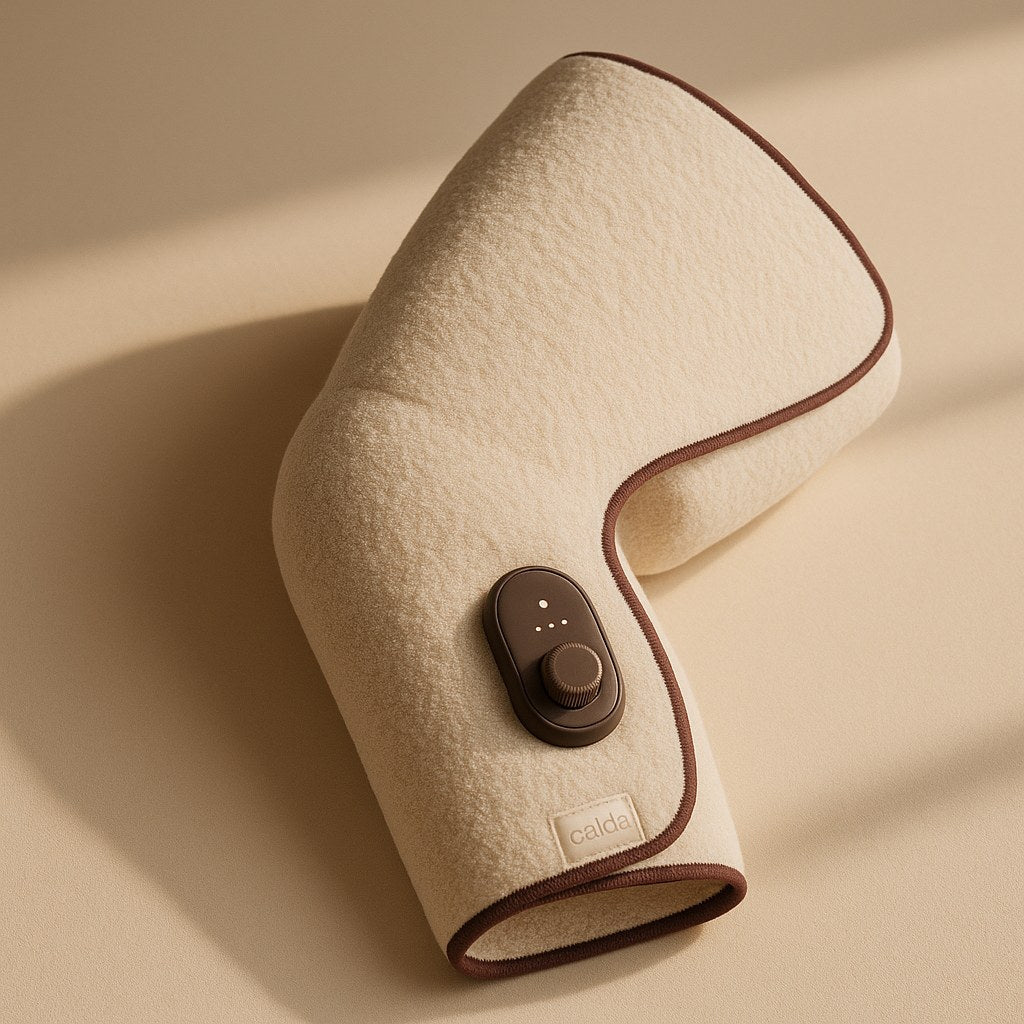 The Wrap — cream knit heat + compression leg wrap with bordeaux piping and espresso dial pod