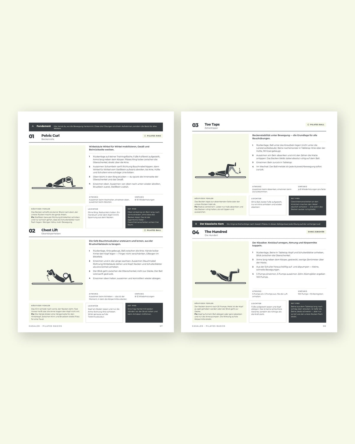 casaleo Pilates Basics Guide – zwei Übungsseiten mit Anleitung und Illustration