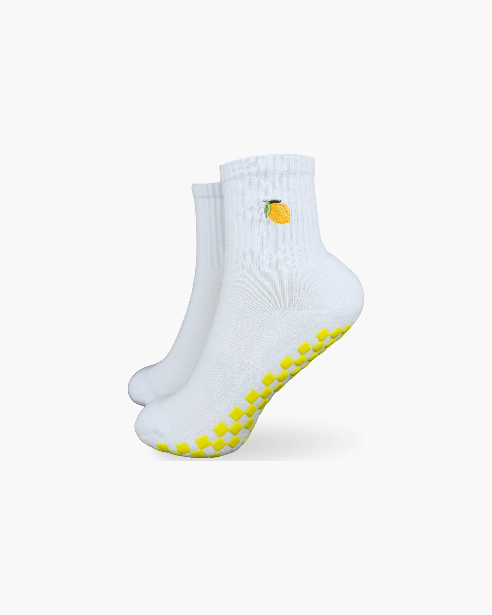 CASALEO Grip Socken in Weiß mit Zitronen Icon und gelber Grip Sohle, optimal für Pilates, Yoga und Barre