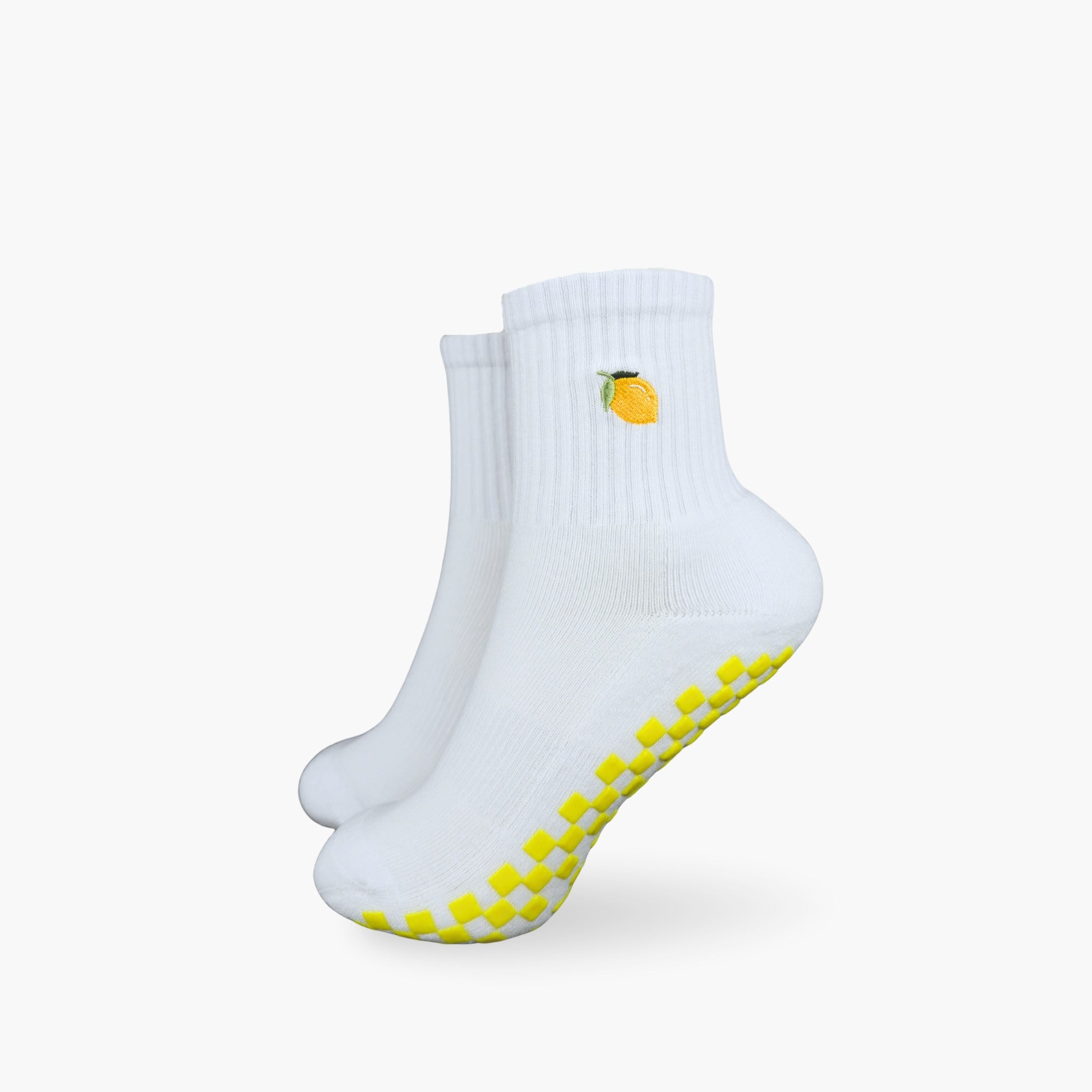 CASALEO Grip Socken in Weiß mit Zitronen Icon und gelber Grip Sohle, optimal für Pilates, Yoga und Barre