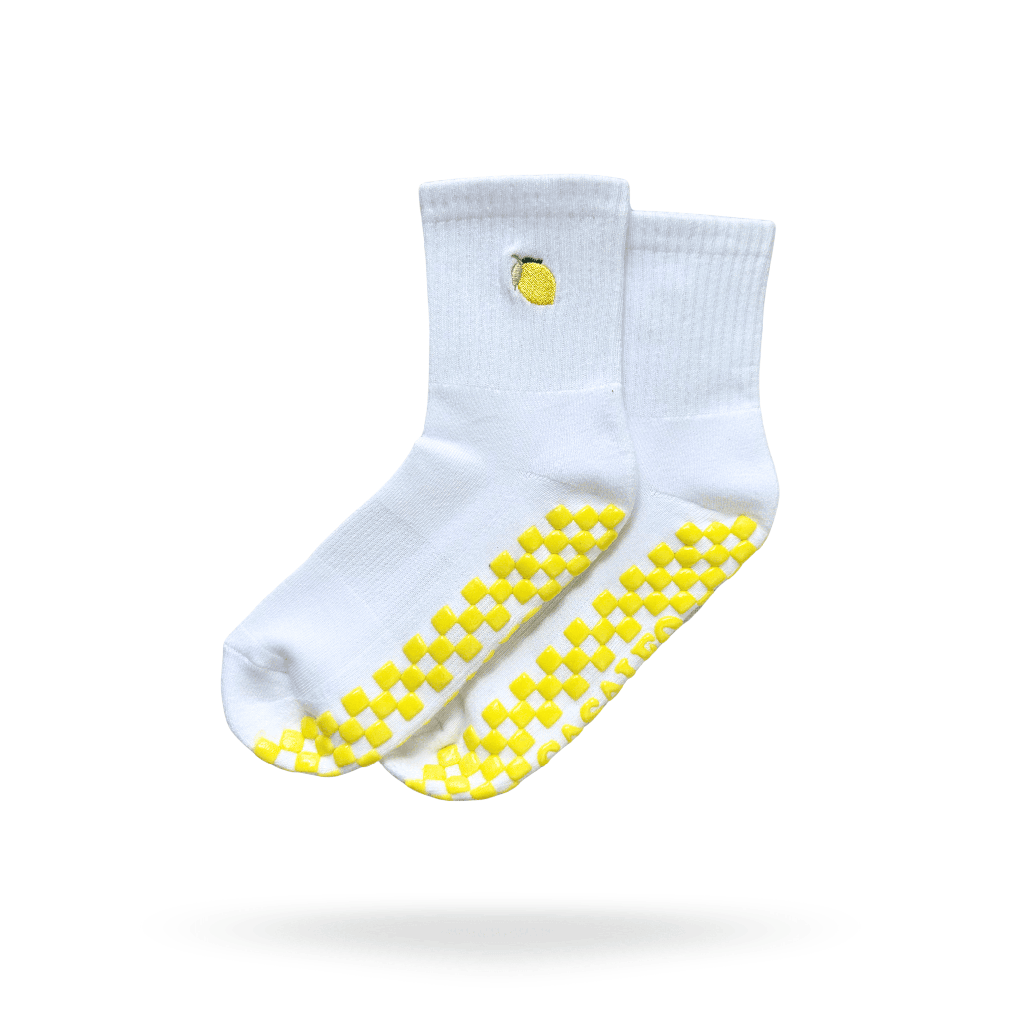 CASALEO Grip Socken in Weiß mit Zitronen Icon und gelber Grip Sohle, optimal für Pilates, Yoga und Barre