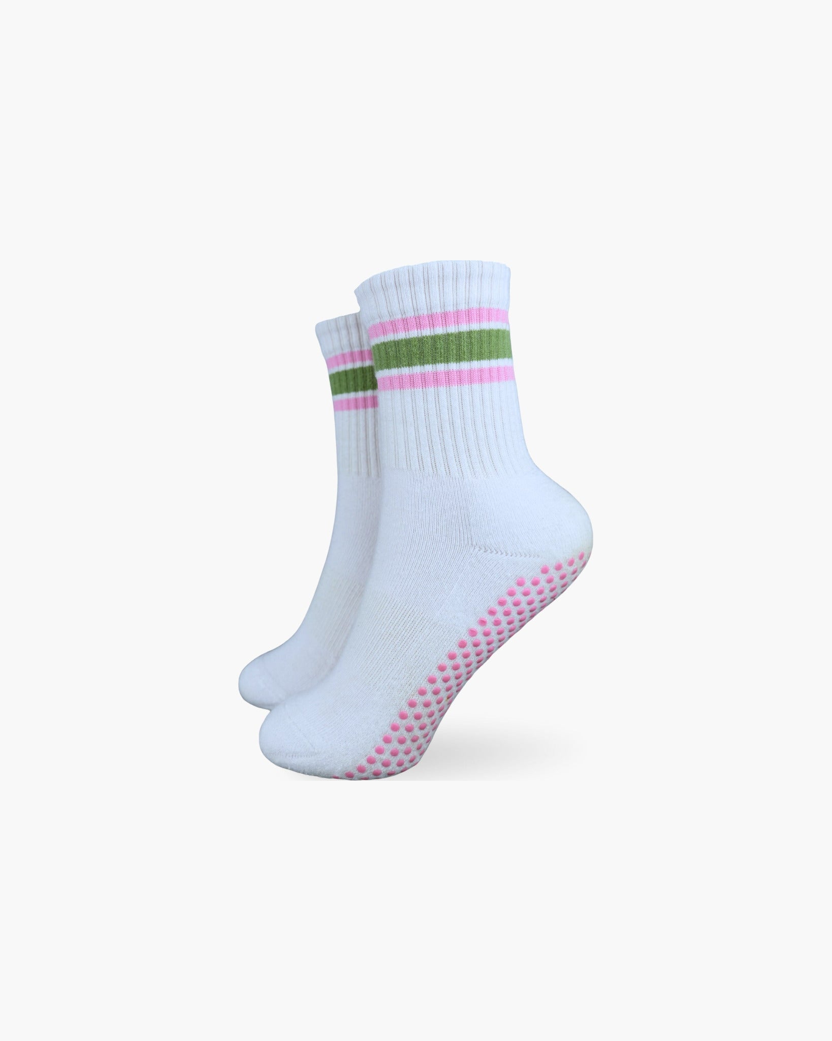 CASALEO Grip Socken in Weiß mit grünem und pinken Streifen, optimal für Pilates, Yoga und Barre