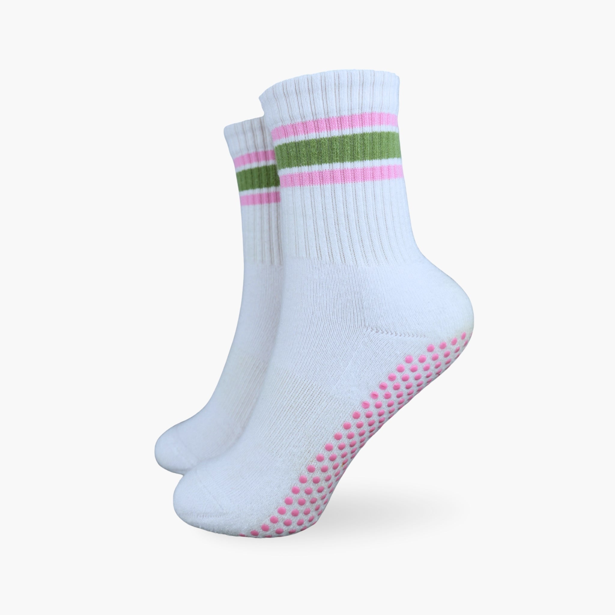 CASALEO Grip Socken in Weiß mit grünem und pinken Streifen, optimal für Pilates, Yoga und Barre