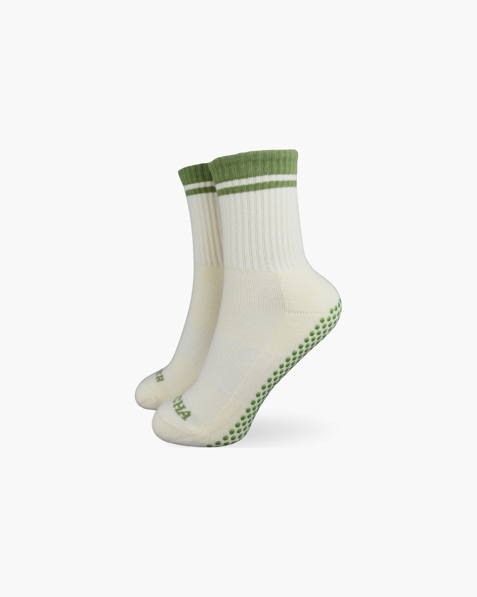 CASALEO Grip Socken in Oatmilk Weiß mit MATCHA LOVER Schrift in Grün, optimal für Pilates, Yoga und Barre