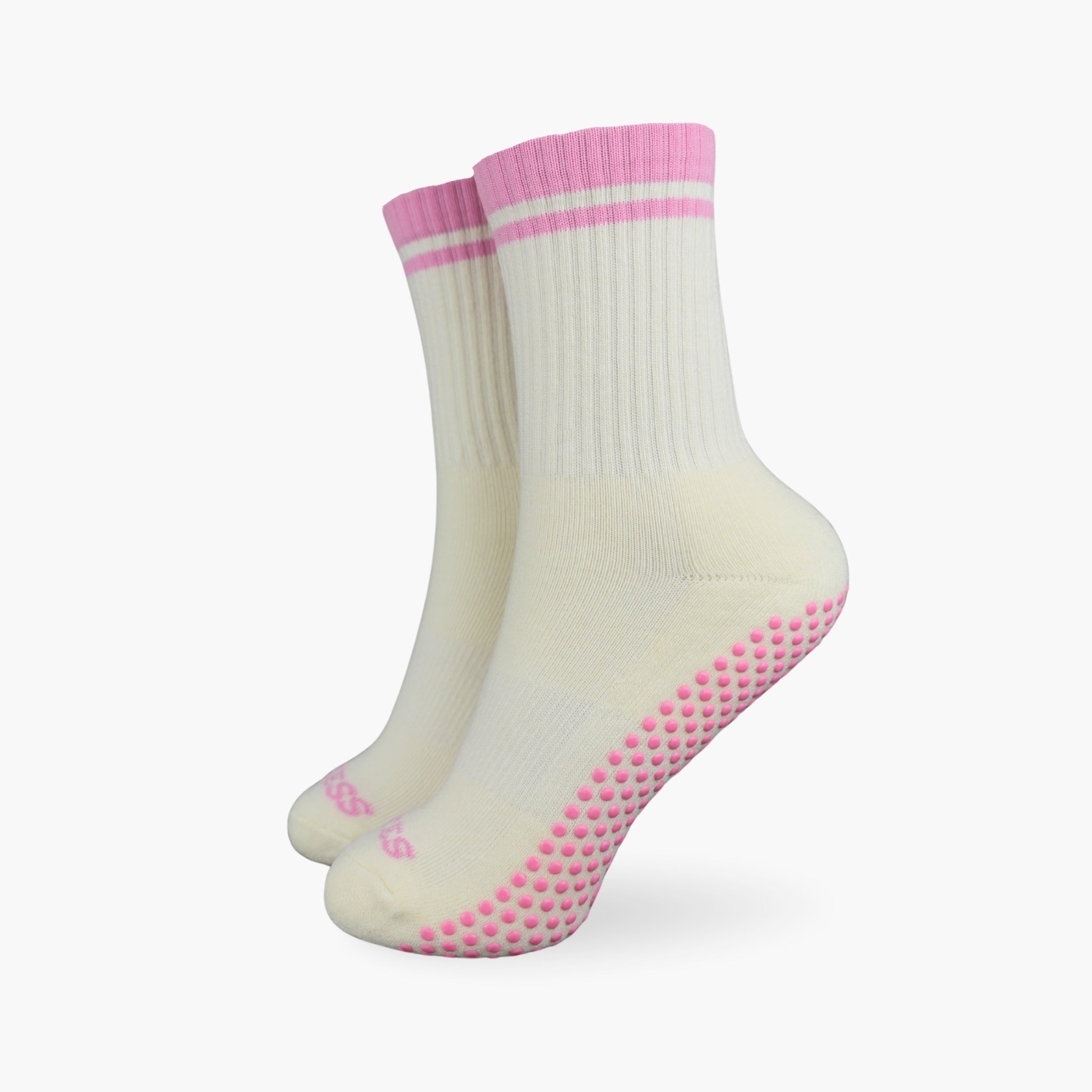 CASALEO Grip Socken in Oatmilk Weiß mit PILATES PRINCESS Schrift in Pink, optimal für Pilates, Yoga und Barre