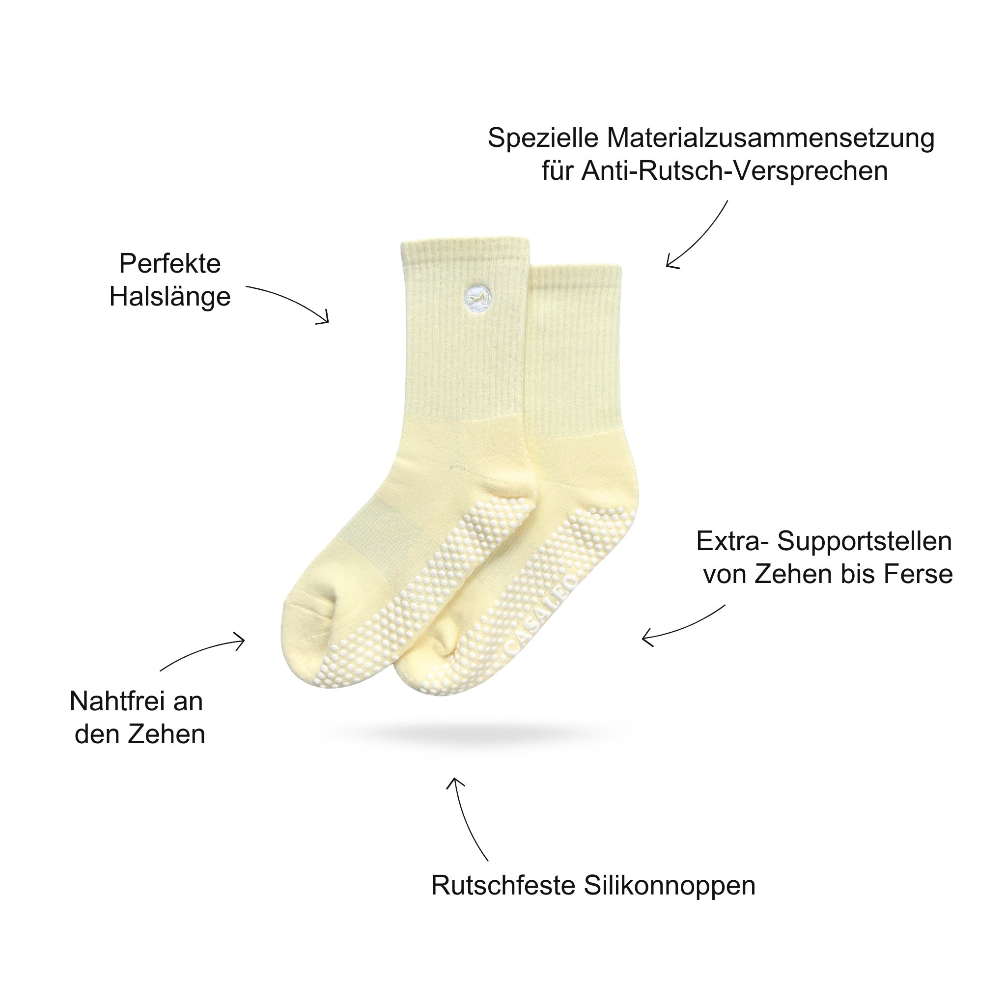 Pilates Socken Produktbild, das Vorteile beschreibt