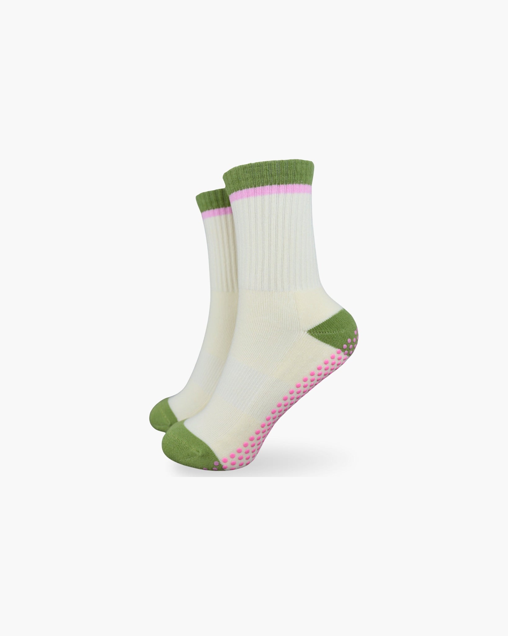 CASALEO Grip Socken in Oatmilk Weiß mit Streifen in Grün und Pink, optimal für Pilates, Yoga und Barre