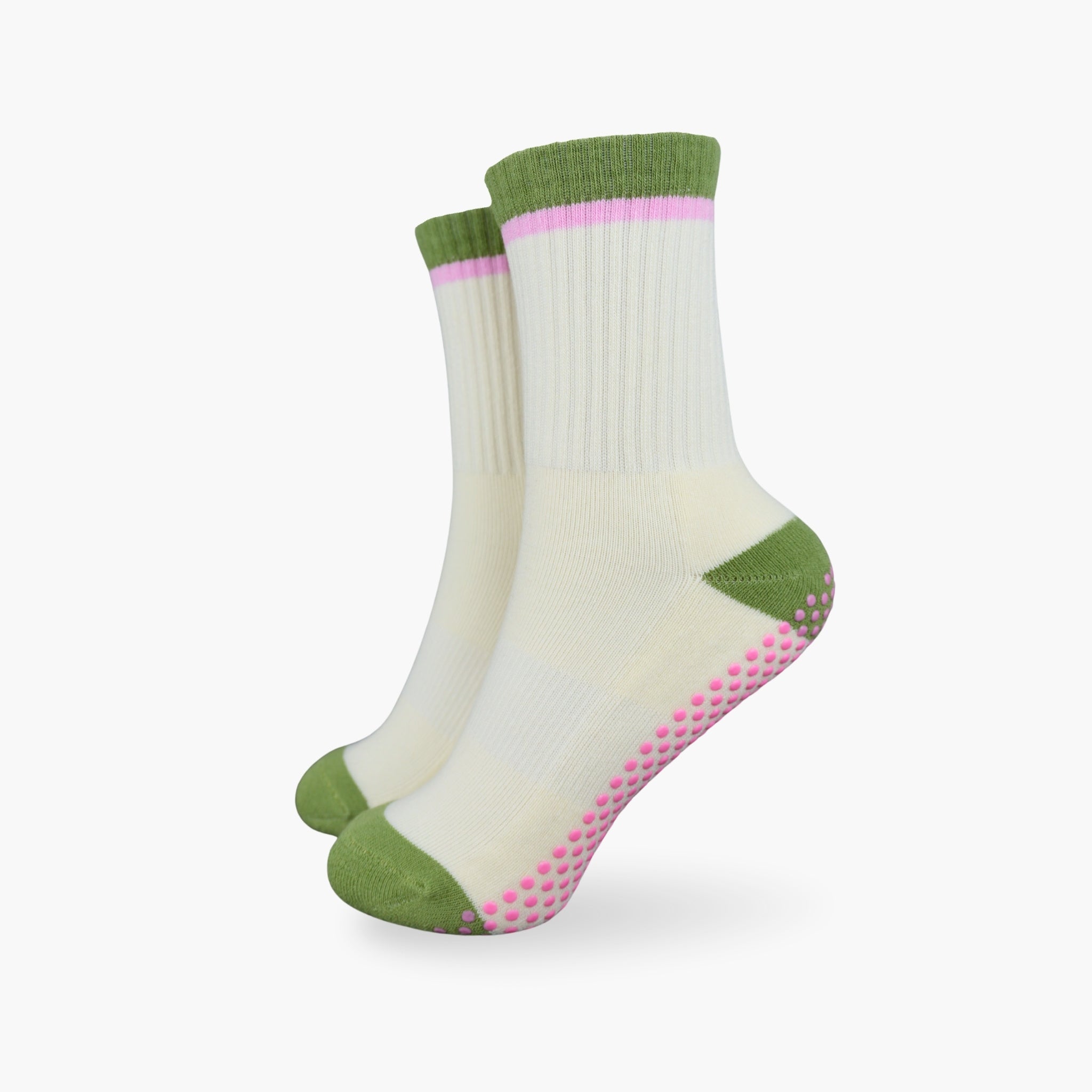 CASALEO Grip Socken in Oatmilk Weiß mit Streifen in Grün und Pink, optimal für Pilates, Yoga und Barre