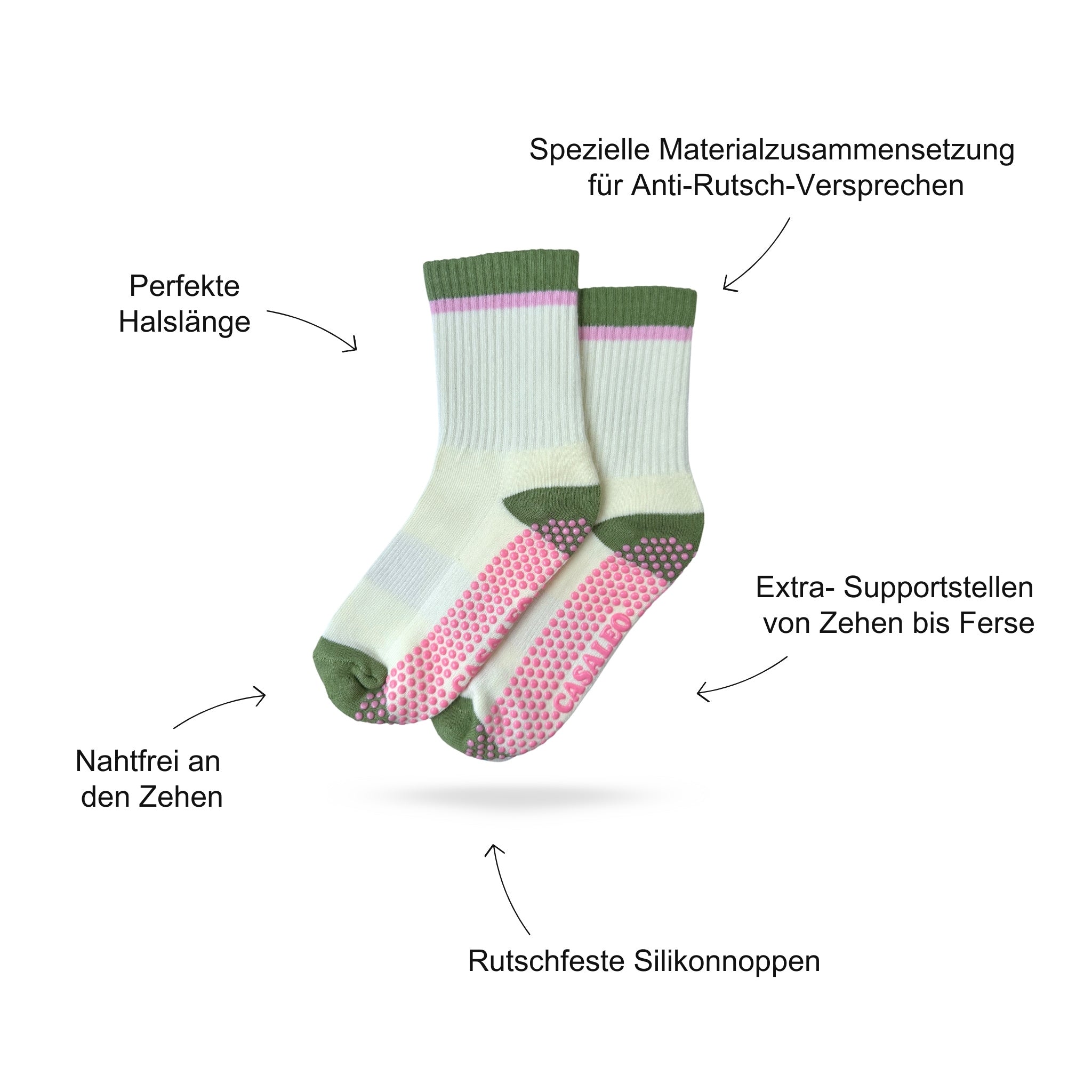 Pilates Socken Produktbild, das Vorteile beschreibt