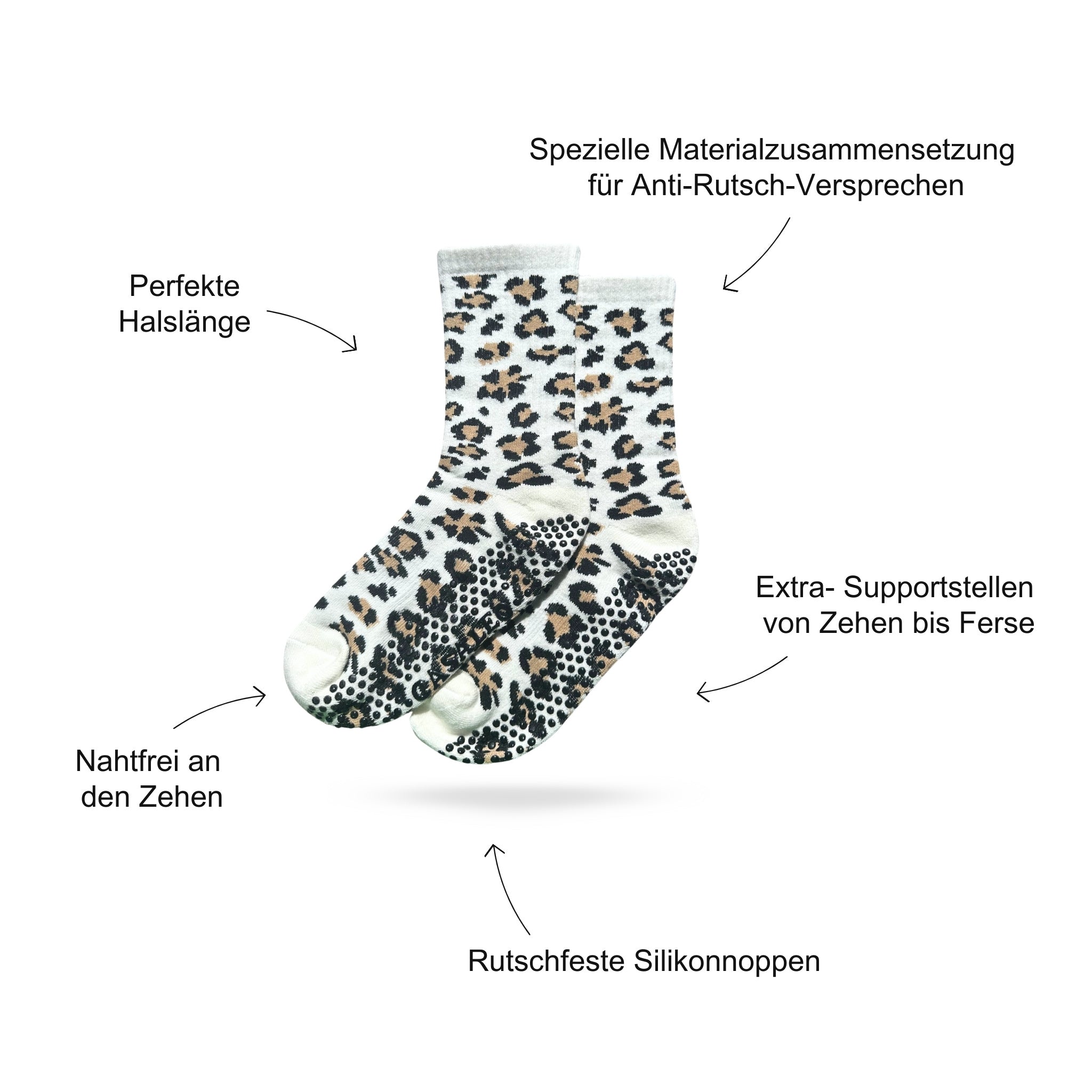 Pilates Socken Produktbild, das Vorteile beschreibt