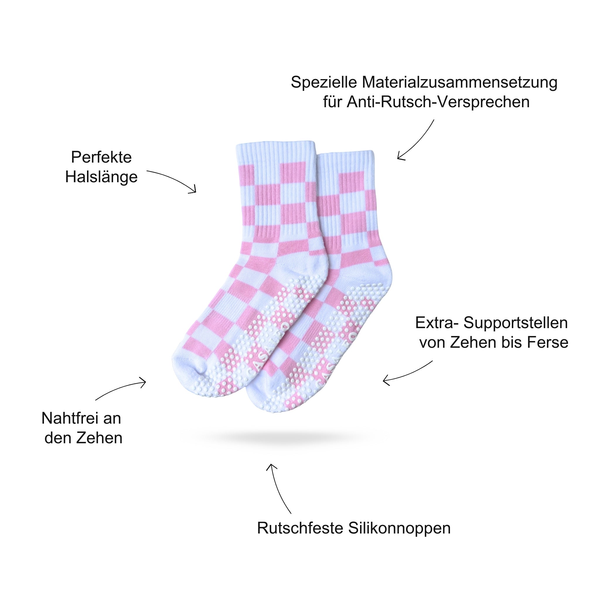 Pilates Socken Produktbild, das Vorteile beschreibt