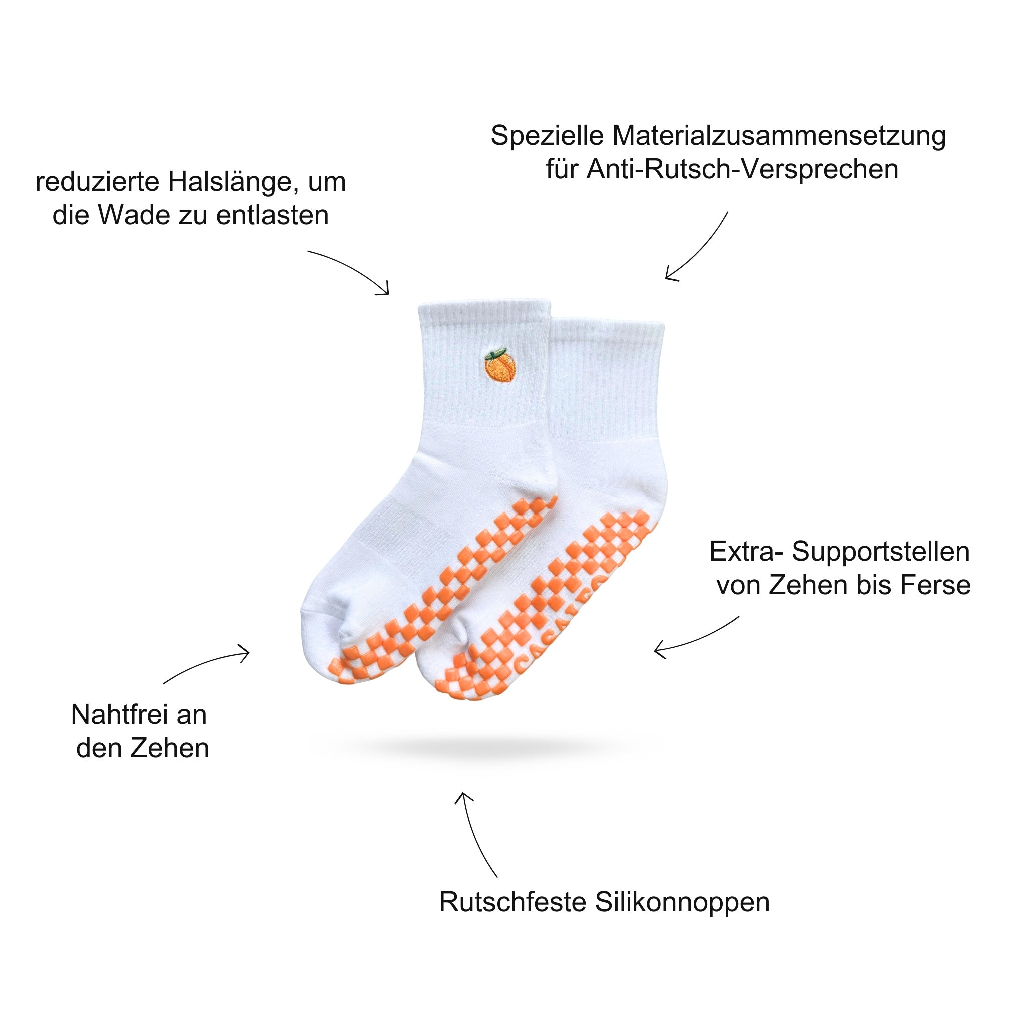 Pilates Socken Produktbild, das Vorteile beschreibt