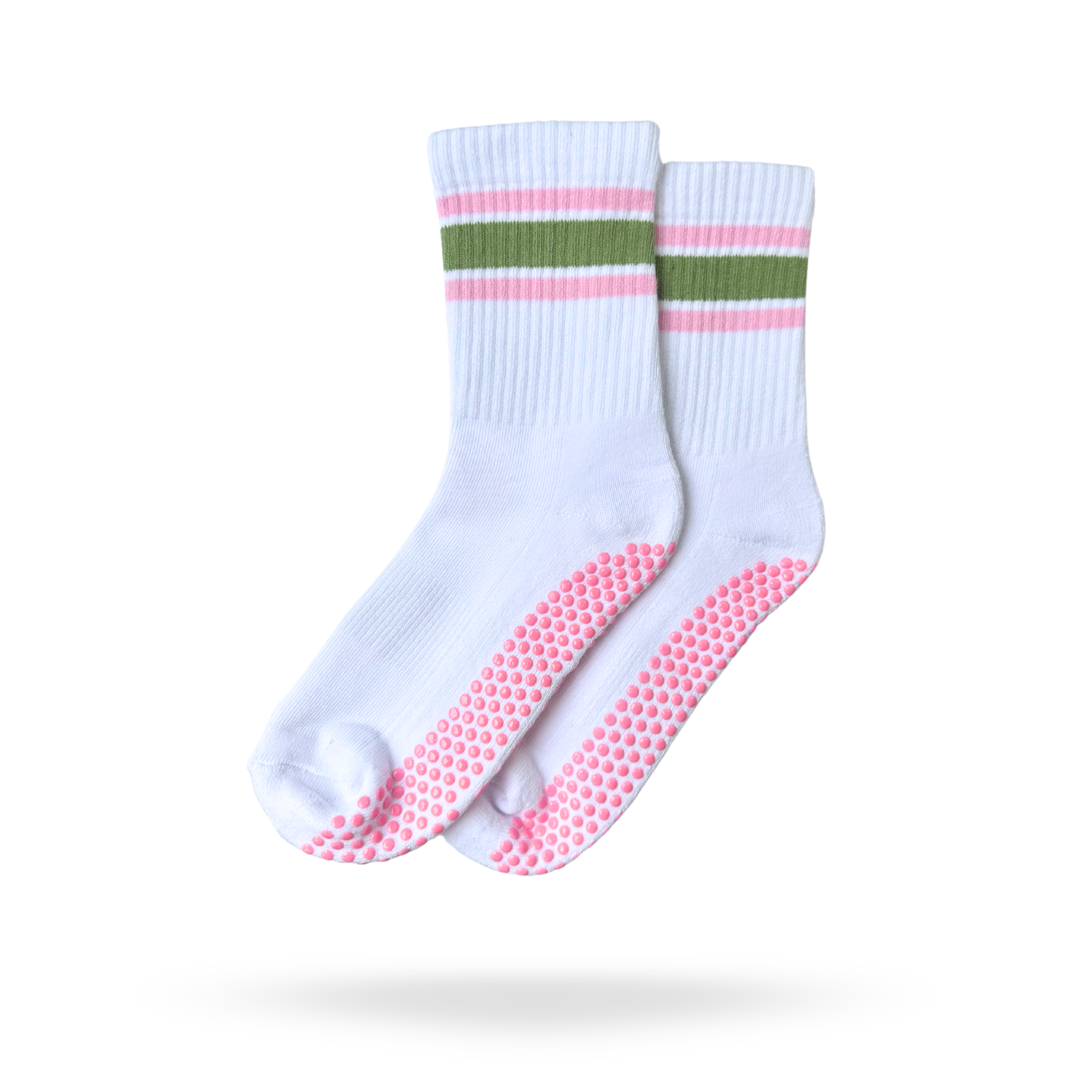 CASALEO Grip Socken in Weiß mit grünem und pinken Streifen, optimal für Pilates, Yoga und Barre