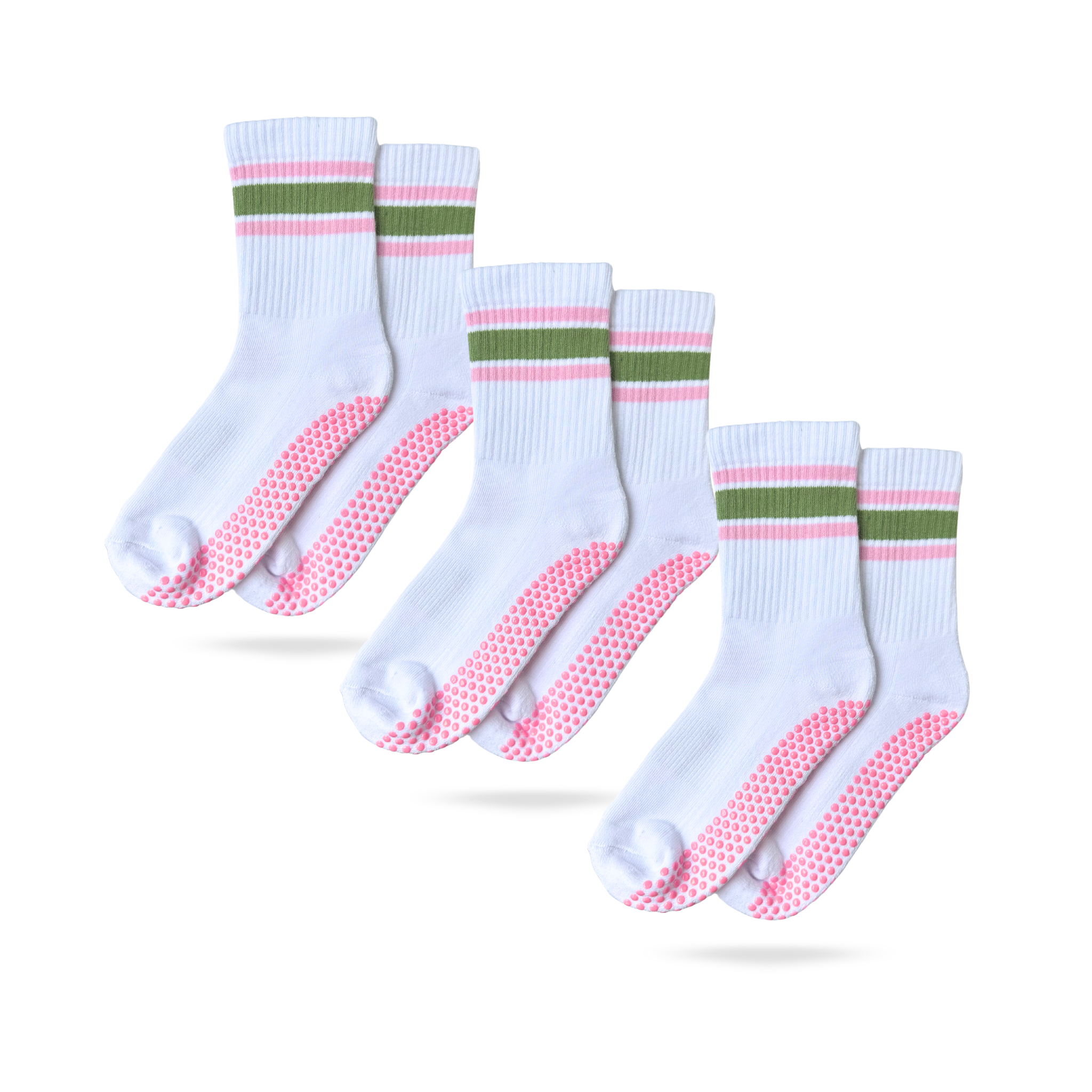 3er Bundle der CASALEO Grip Socken in Weiß mit grünem und pinken Streifen