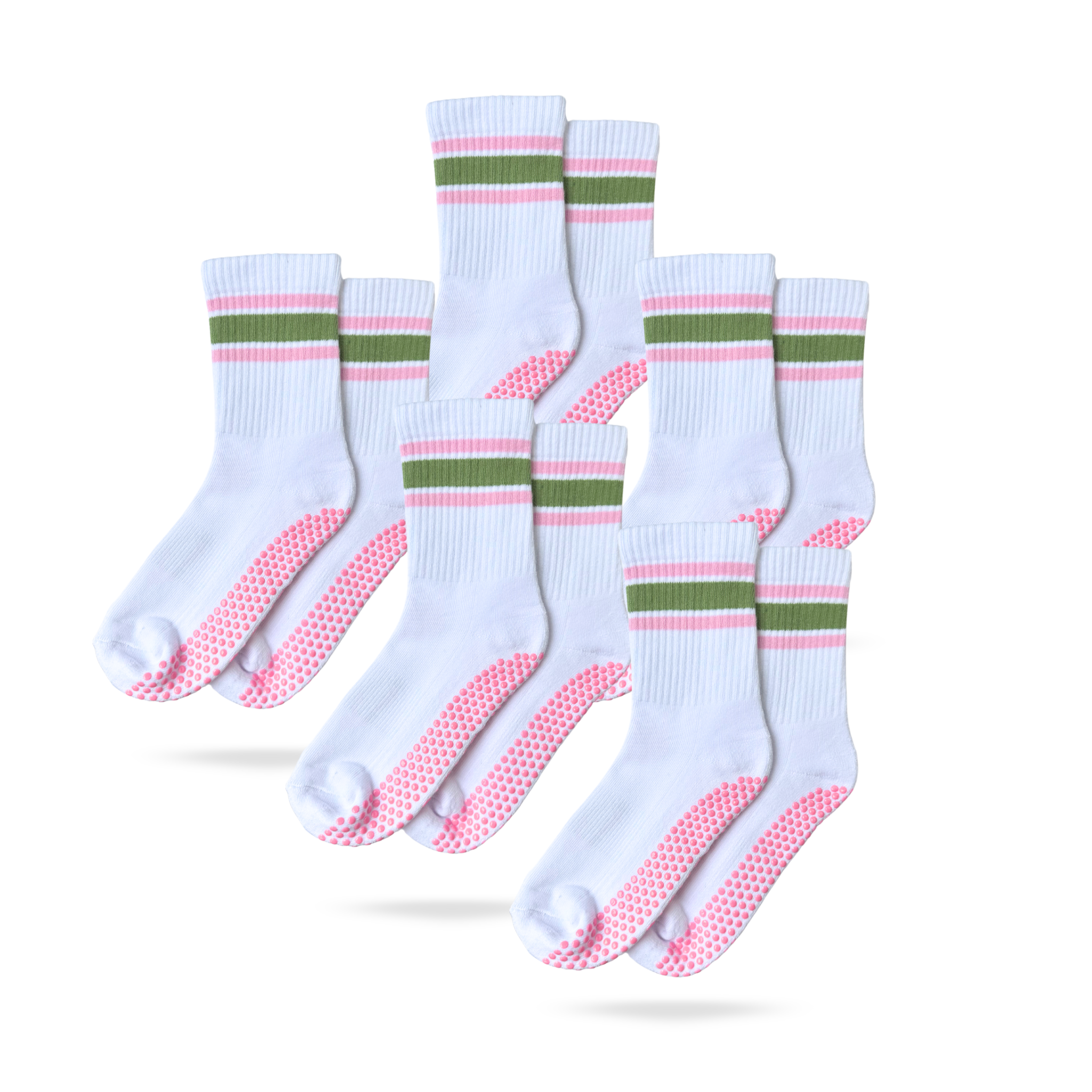 5er Bundle der CASALEO Grip Socken in Weiß mit grünem und pinken Streifen
