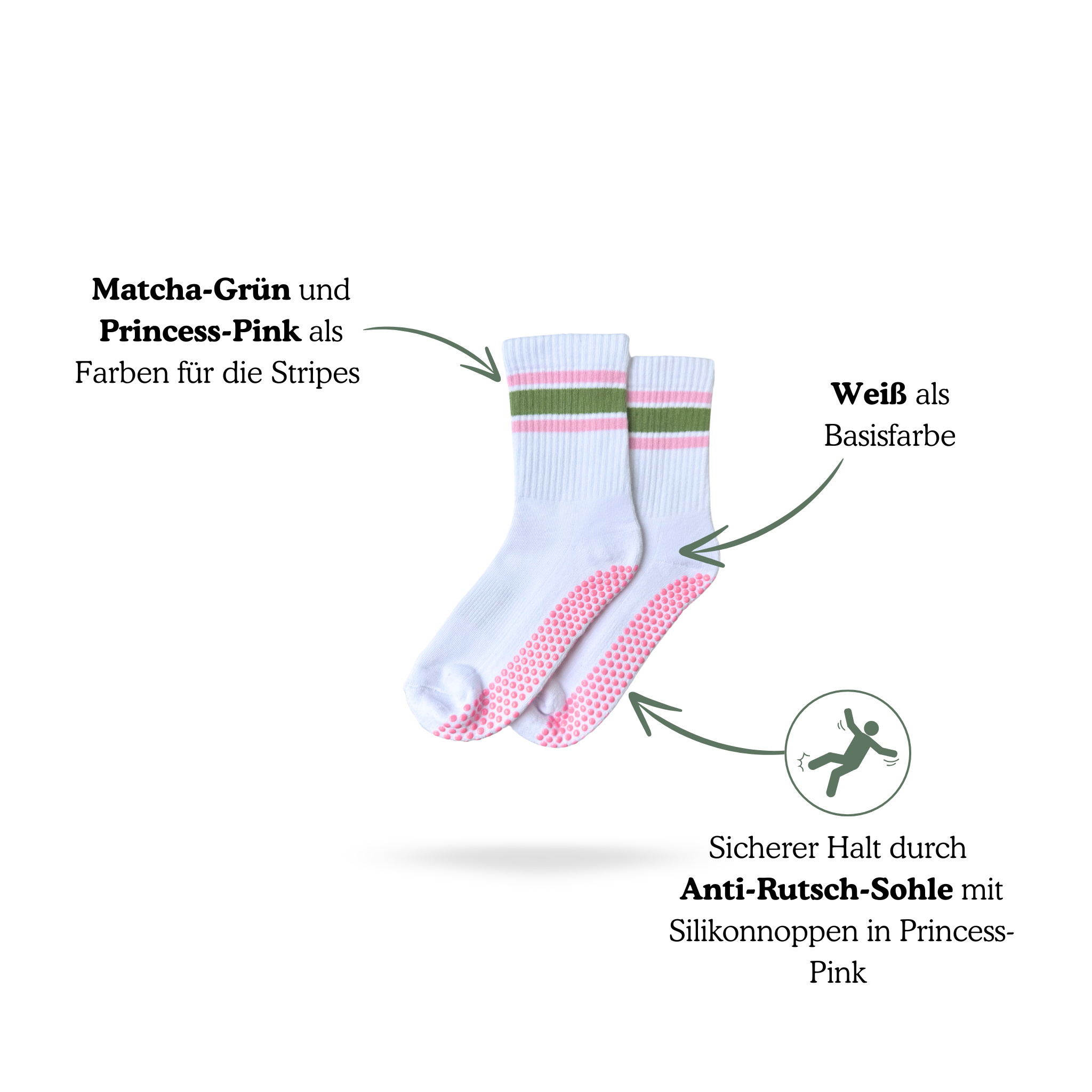 Vorteile der CASALEO Grip Socken in Weiß mit grünem und pinken Streifen