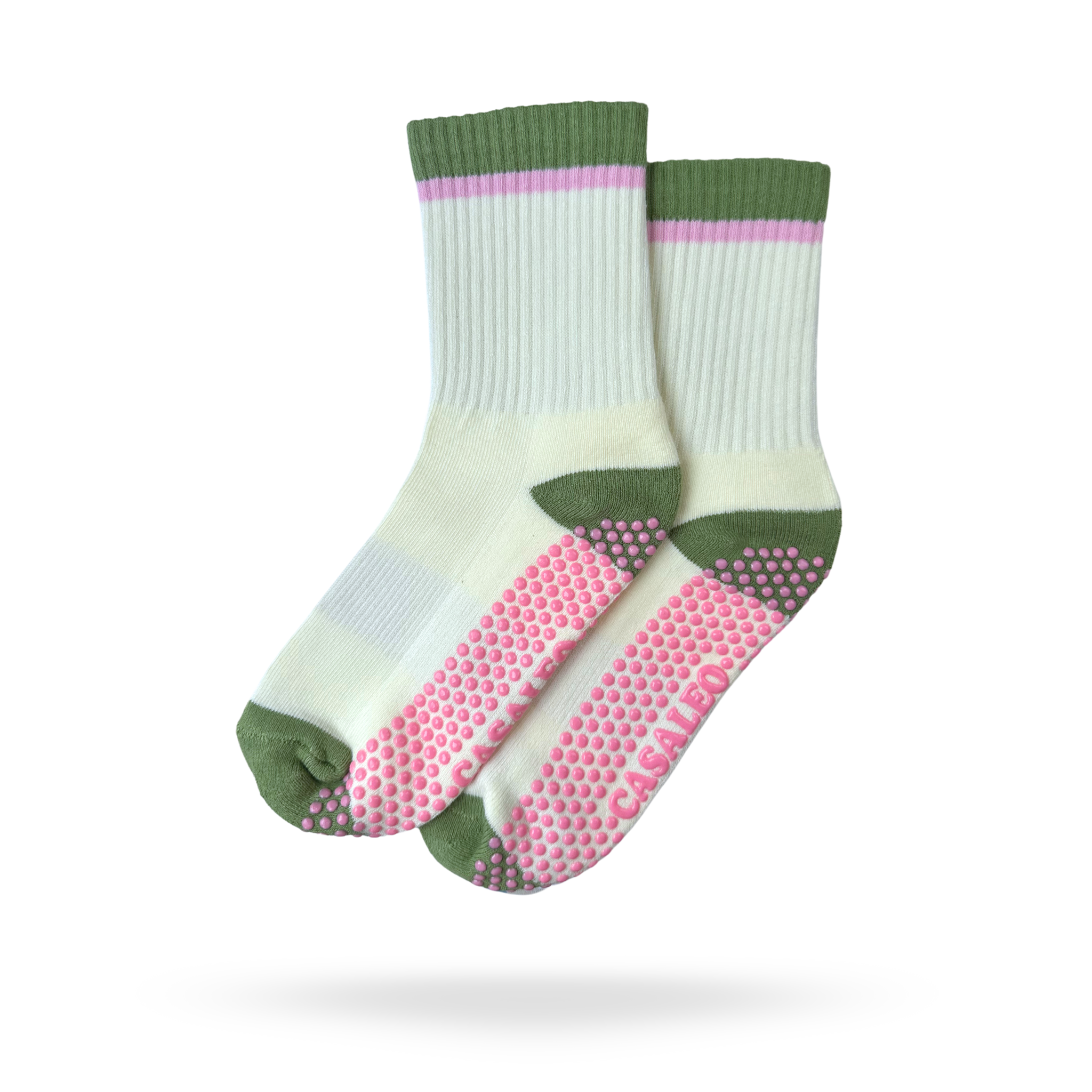 CASALEO Grip Socken in Oatmilk Weiß mit Streifen in Grün und Pink, optimal für Pilates, Yoga und Barre