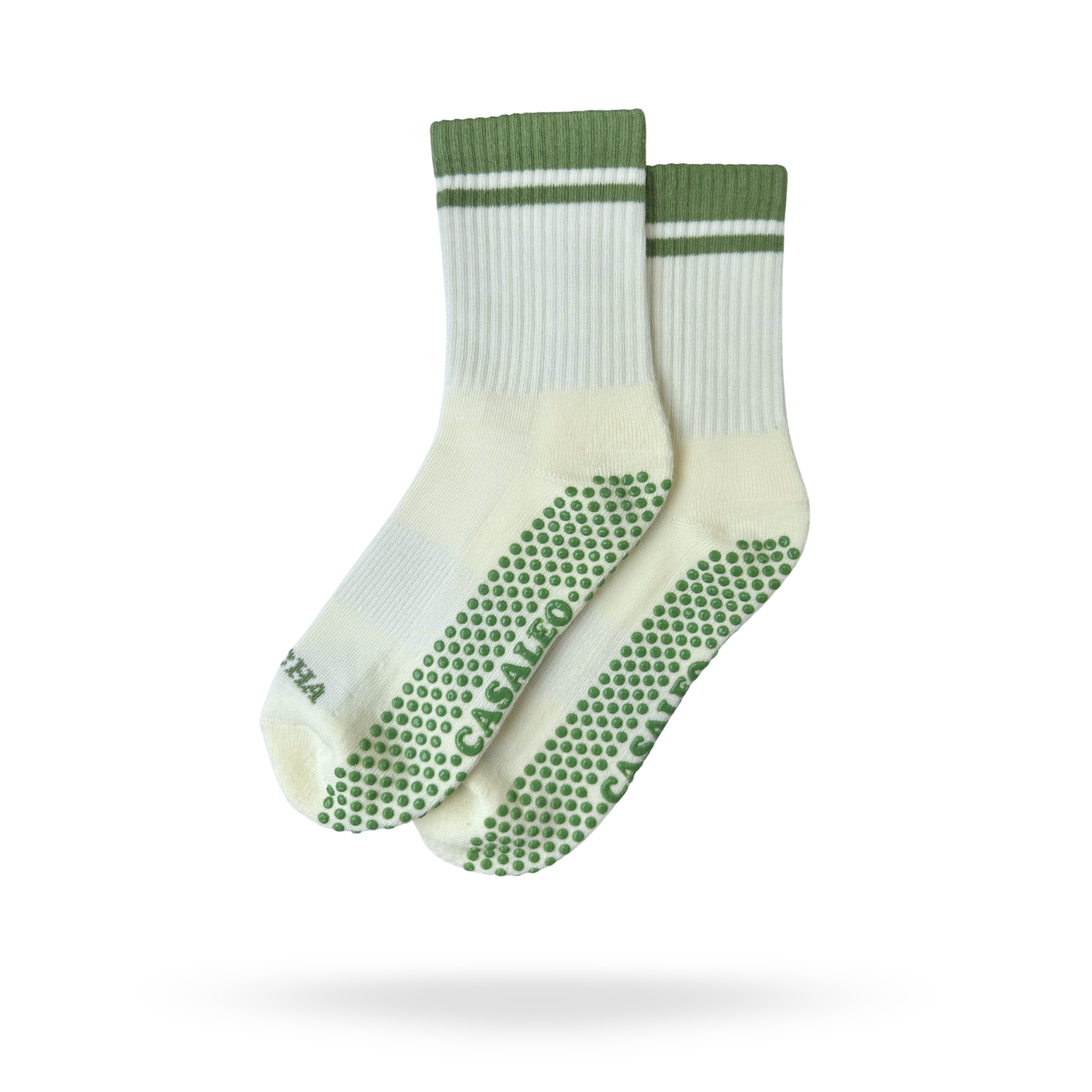 CASALEO Grip Socken in Oatmilk Weiß mit MATCHA LOVER Schrift in Grün, optimal für Pilates, Yoga und Barre