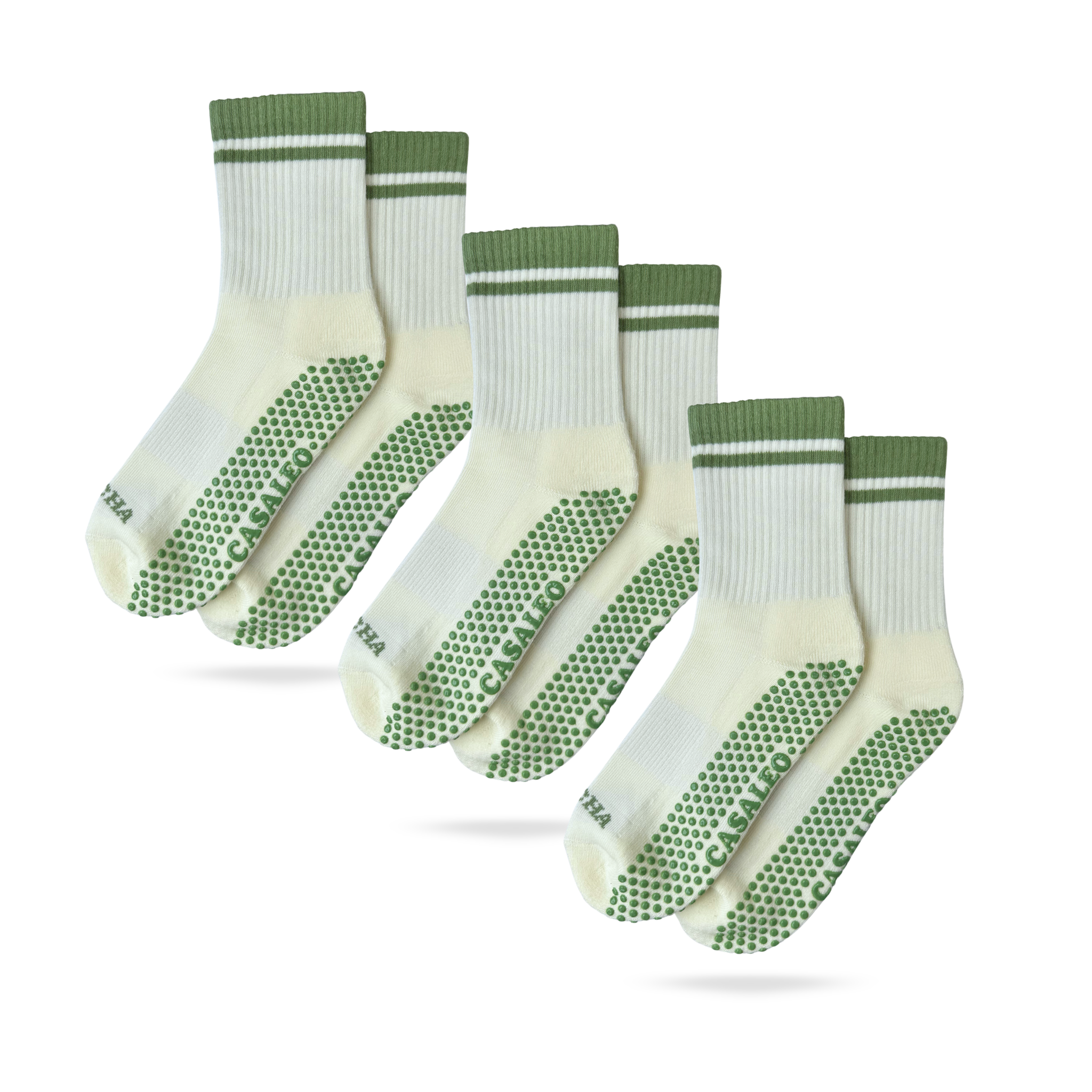 3er Bundle der CASALEO Grip Socken in Oatmilk Weiß mit MATCHA LOVER Schrift in Grün