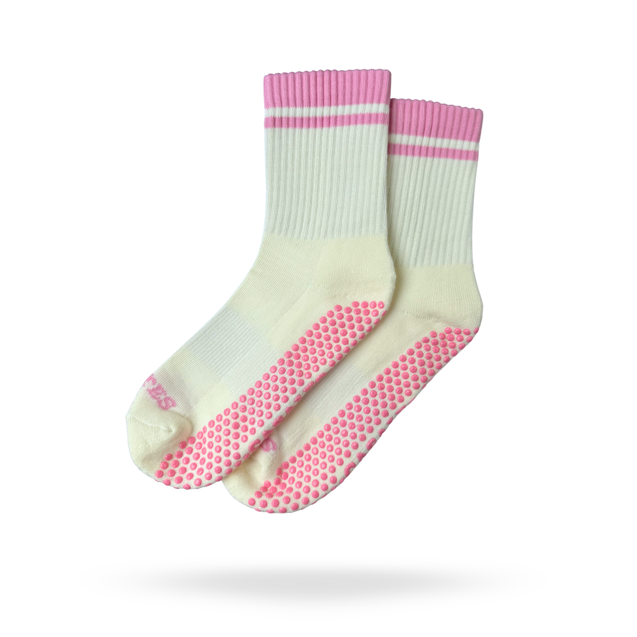 CASALEO Grip Socken in Oatmilk Weiß mit PILATES PRINCESS Schrift in Pink, optimal für Pilates, Yoga und Barre