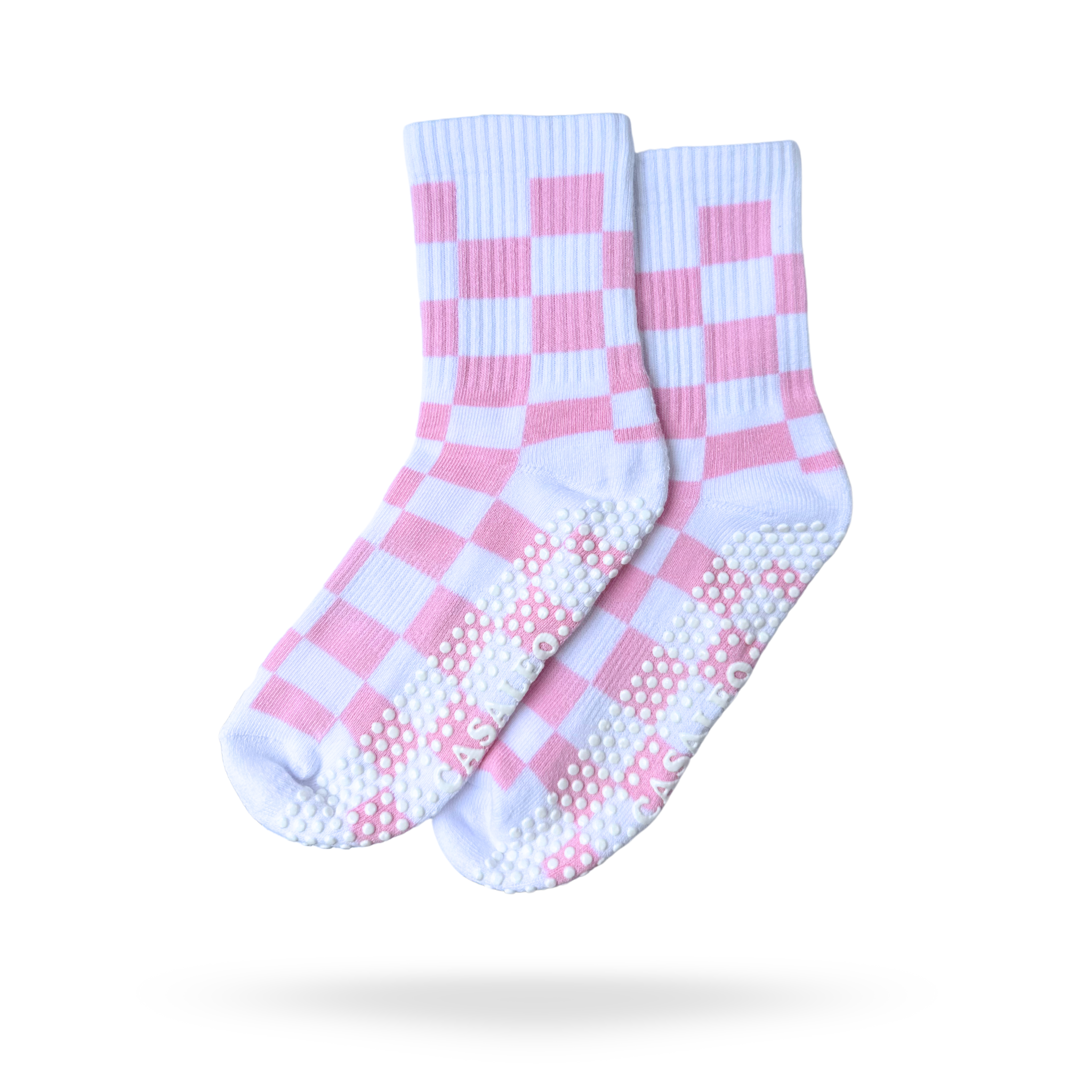 CASALEO Grip Socken in Weiß mit pinkem Karo Muster, optimal für Pilates, Yoga und Barre