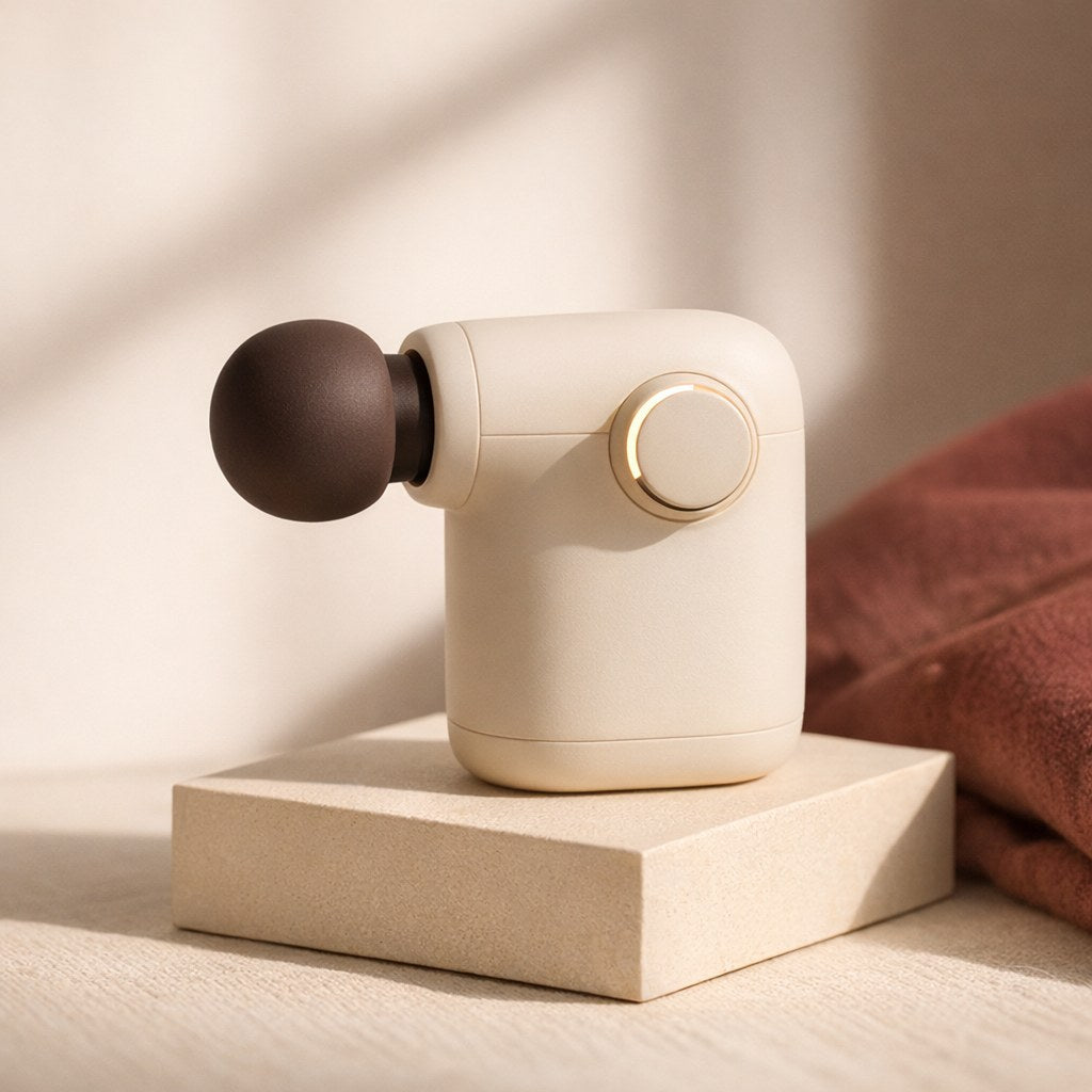 The Mini — palm-sized cream massage gun with espresso silicone head
